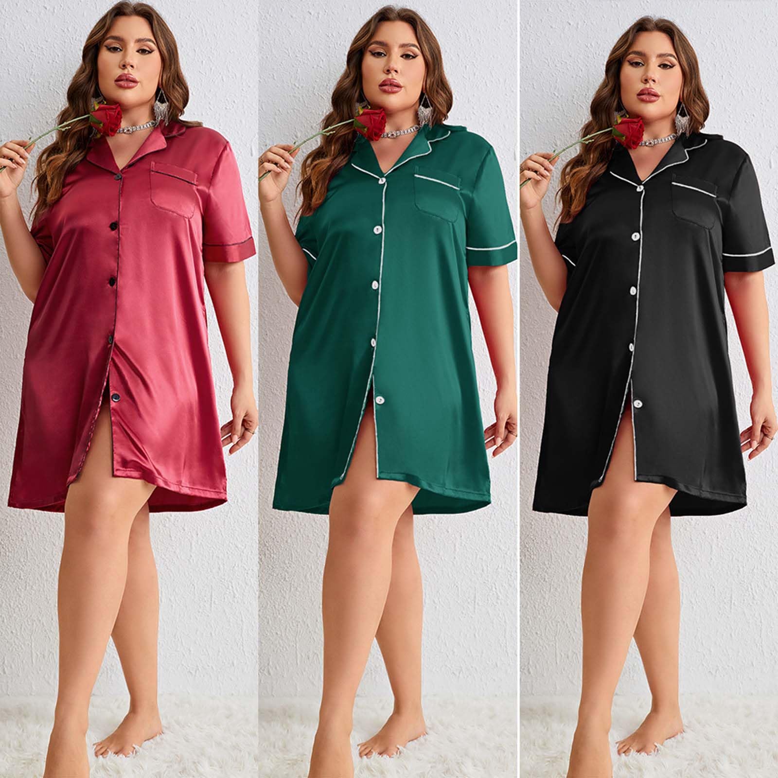 Camicie da Notte in Raso per Le Donne di Seta Pigiameria Pulsante Giù Sleepshirt Manica Corta Scollo a v Camicie con Tasche
