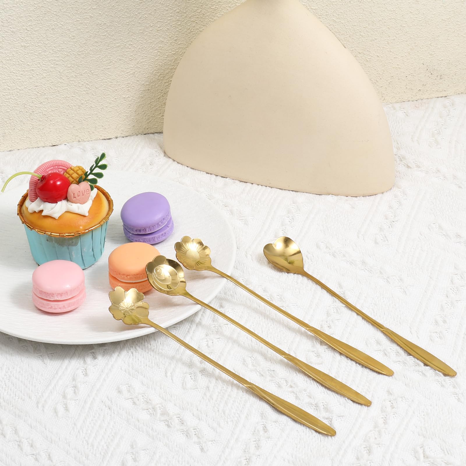 4 cucharas de café de flores de 7 pulgadas, cuchara de café creativa de flores, cuchara de agitación, cuchara de barra de agitación, cuchara de mango largo, cucharas retro de postre Demitasse para