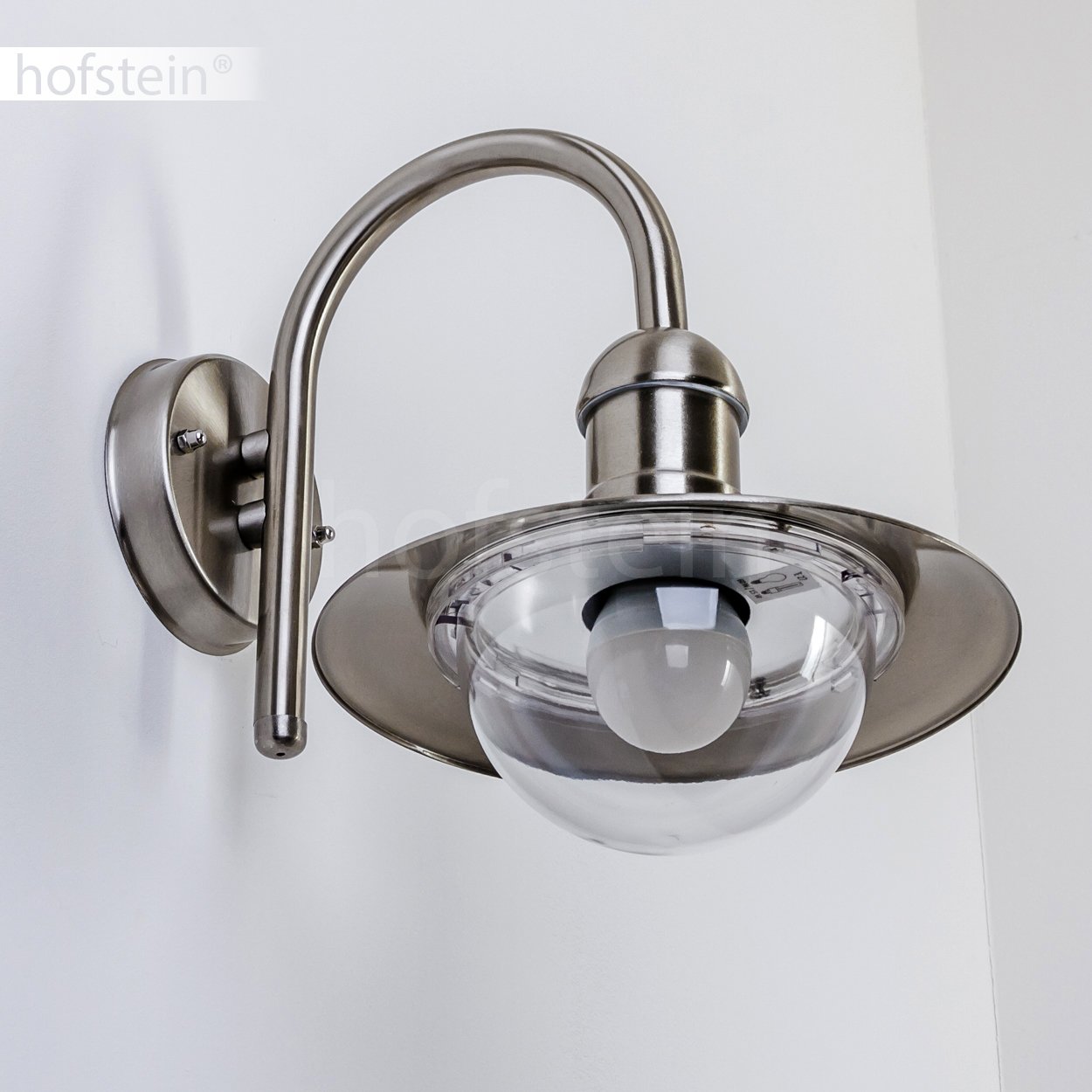 Applique extérieure Elima, lampe murale moderne vers le bas, acier inoxydable et plastique en argent, E27, lampe extérieure en forme d'arc pour terrasse, véranda, cour et jardin, sans ampoules