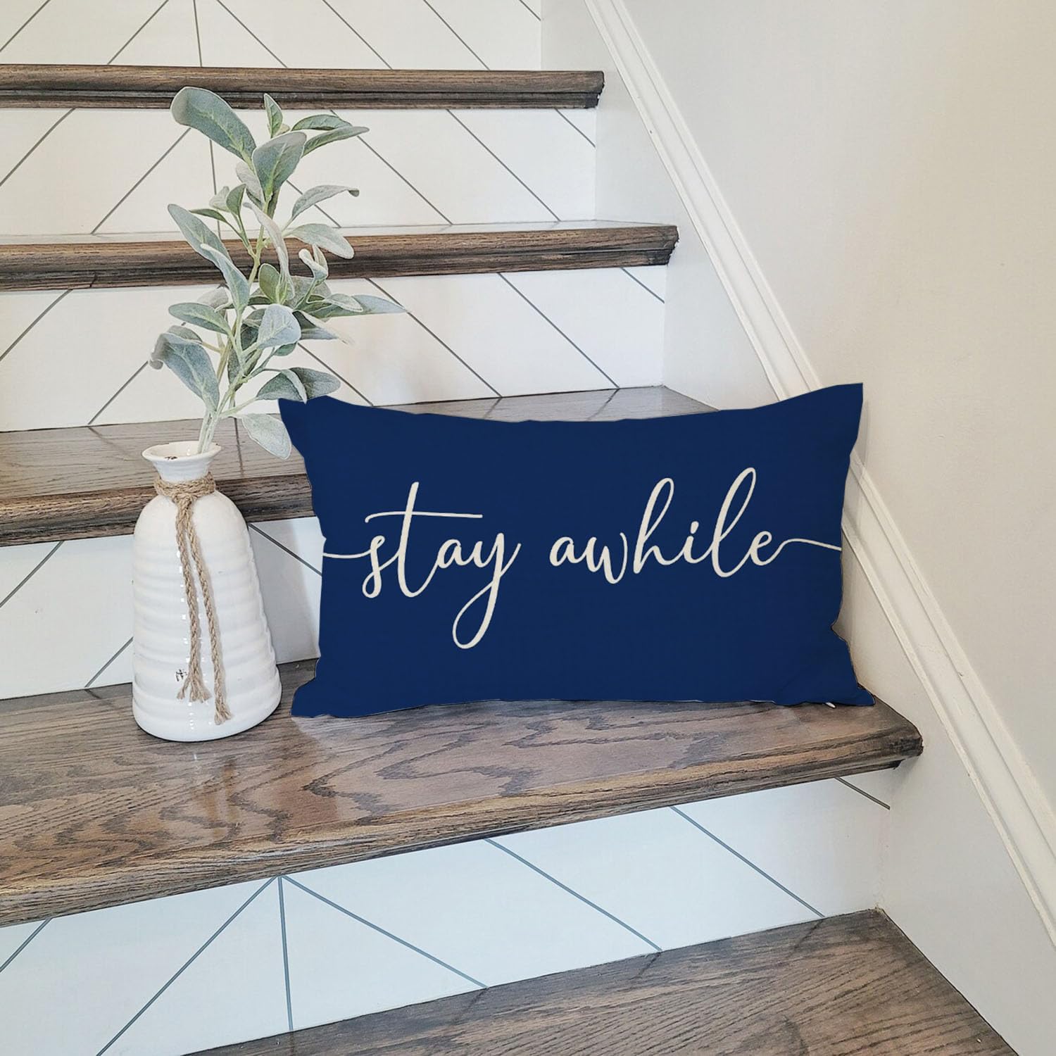 PANDICORN Modern Farmhouse Pillow Covers 12x20 with Words Stay Awhile Cozy Relax Pillow Cover Sayings Blue Rustic Outdoor Decorations Lumbar Throw Pillow Cases for Home Guest Room Couch Patio Decor - Image 3