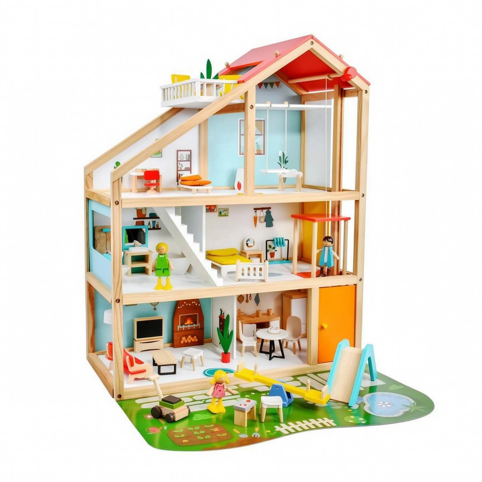 Almencla Puppenhaus Holz Puppenhaus Spielhaus Miniaturhaus mit Kompletter Ausstattung Figuren Möbeln Und Outdoor Zubehör für Geschwisterspiel Reise Geeignet