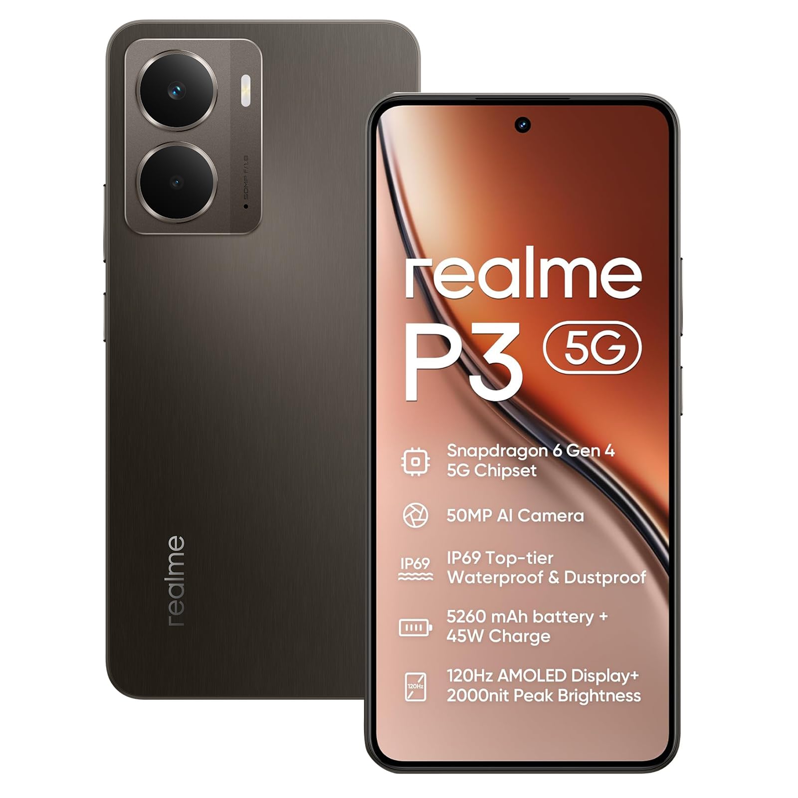 realme P3 5G Smartphone 12+512GB,Chipset Snapdragon 6 Gen 4,Batteria 5000mAh,Fotocamera AI 50MP,Display AMOLED Esports 120Hz,NFC,Dual Sim,IP69,Grigio