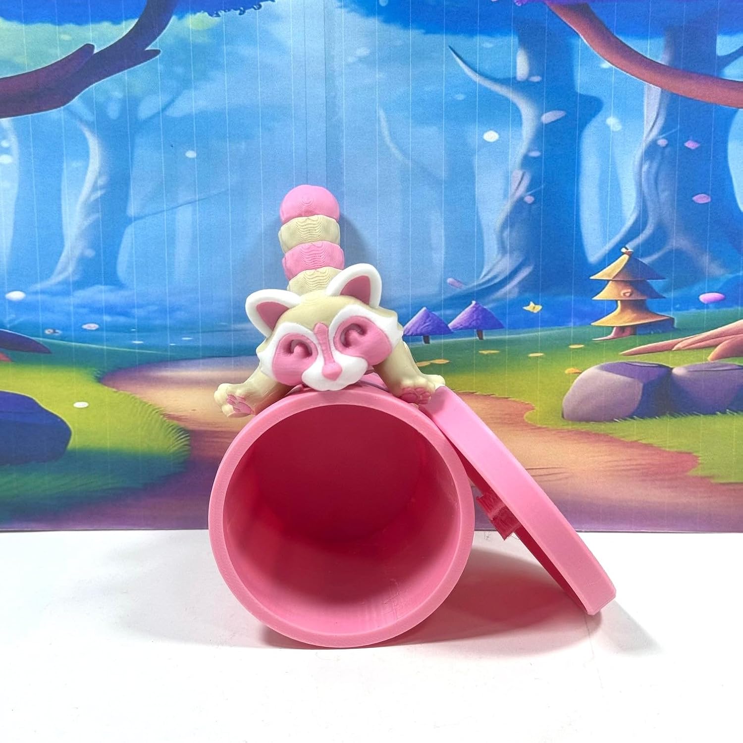 3D Printed Racoon with Trash Can, Small Articulated Pink Racoon, 3D Printed Trash can, Raccoon Toy, Trash Panda, Fidget ADHD Autism Toy AR007-Pink