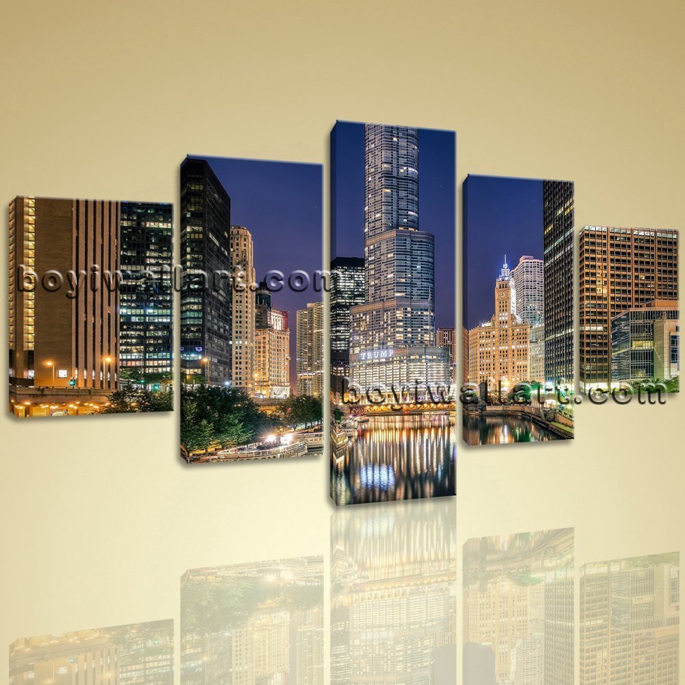 Large Hd Canvas Print Chicago City Skyline Night