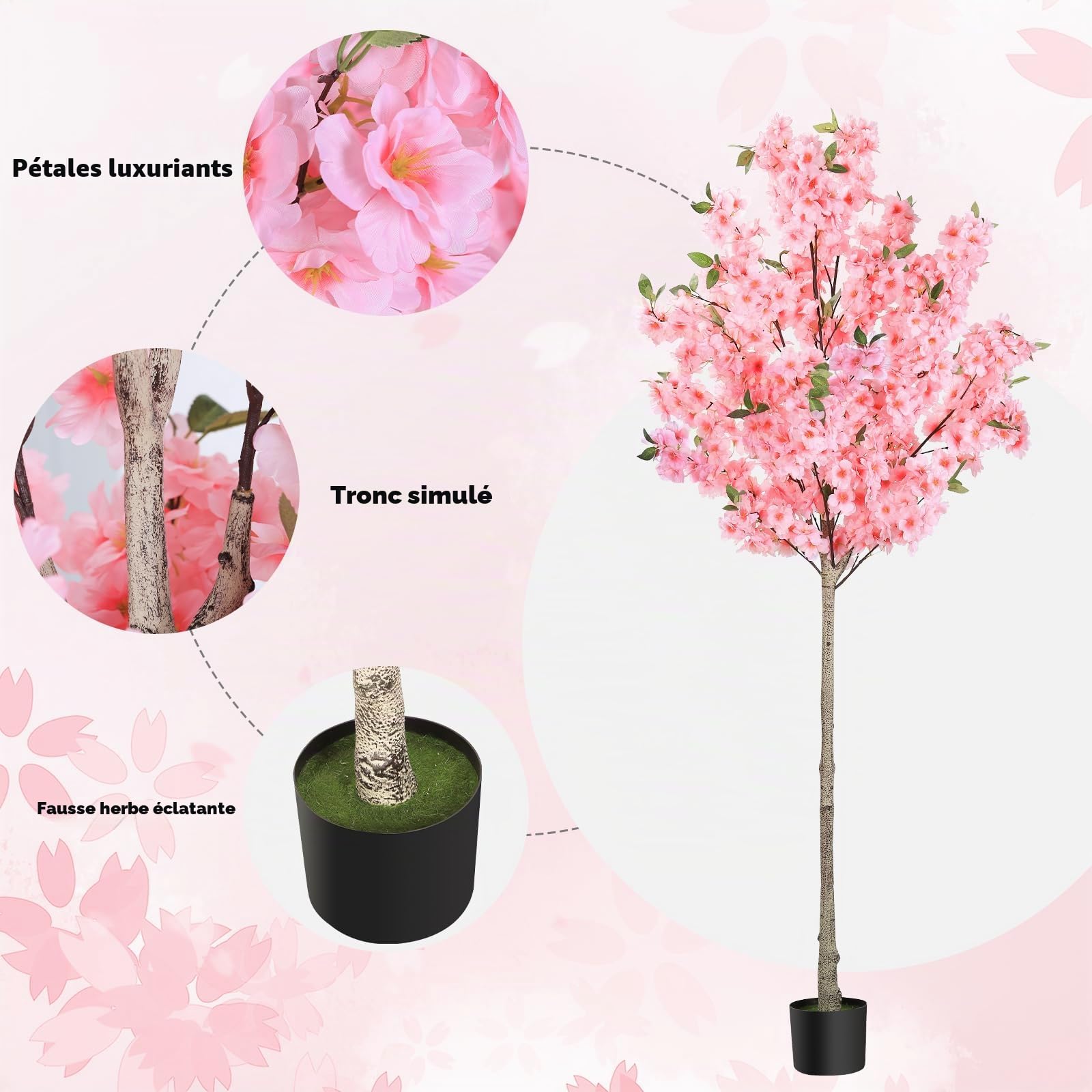 Cerisier Japonais Artificiel Exterieur/Interieur 180cm - Arbre Artificiel Fleuri Haut de Gamme avec Pot en Ciment, Fleurs Artificielles Déco Realistes pour Jardin, Balcon, Salon, Bureau Rose
