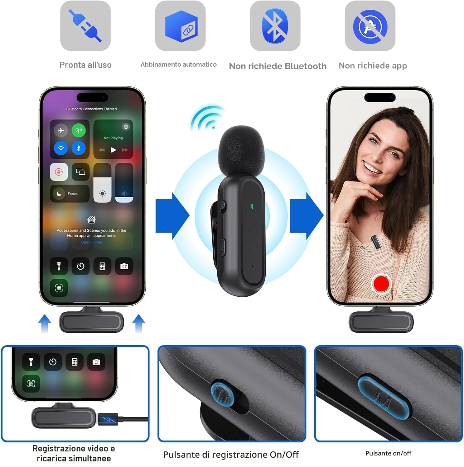 Microfono Wireless per iPhone/Android/iPad - Microfono Lavalier con Custodia di Ricarica 42H, Riduzione Rumore, 65FT Portata - Mini Microfono per Video Social, YouTube, TikTok, Vlog, Live