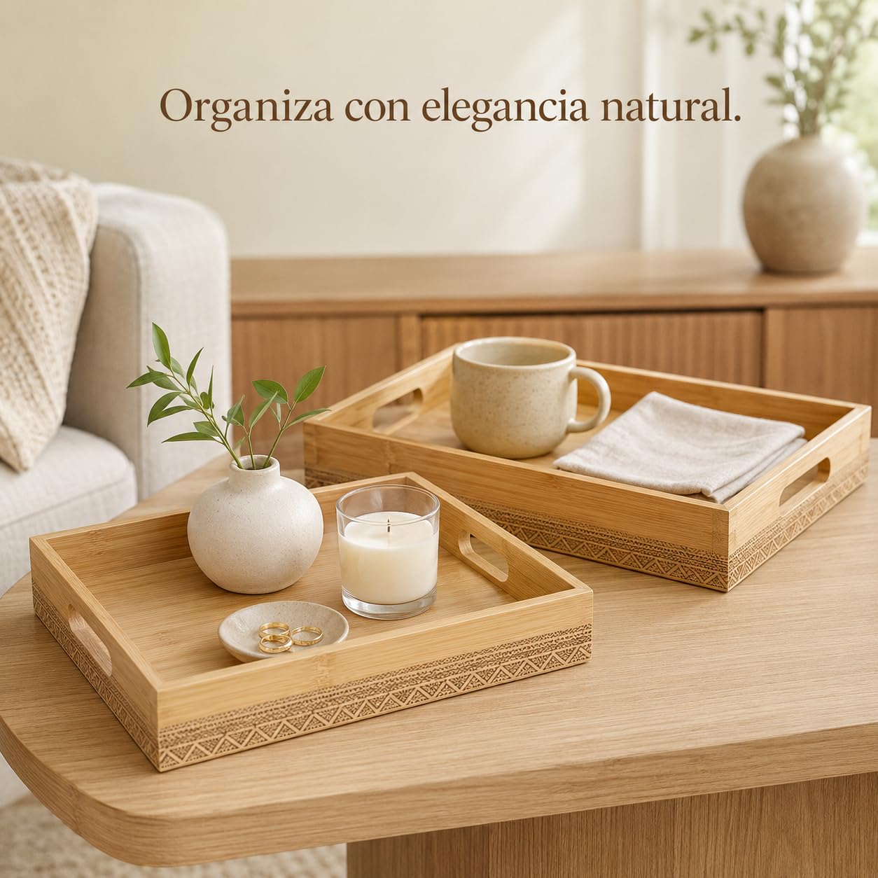 RS02181 Set de 2 Bandejas de Bambú Natural Rectangulares, Bandeja de Sirvir con Asas Doble Diseño y Detalles Geométricos, para Cocina, Mesa y Desayuno