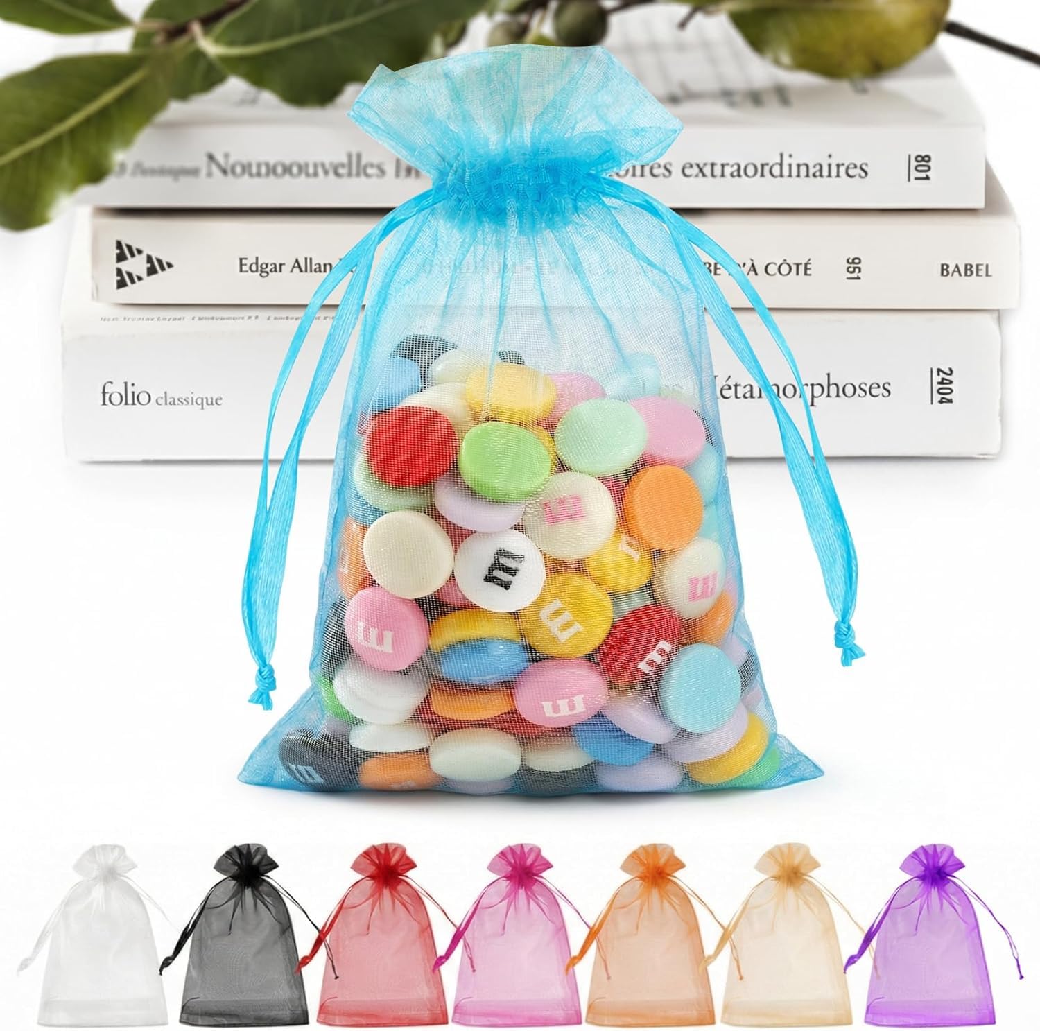 ANZNKU 100 PCS Organza Bags 5 x 7, Lake Blue Small Mesh Gift Bags Bulk