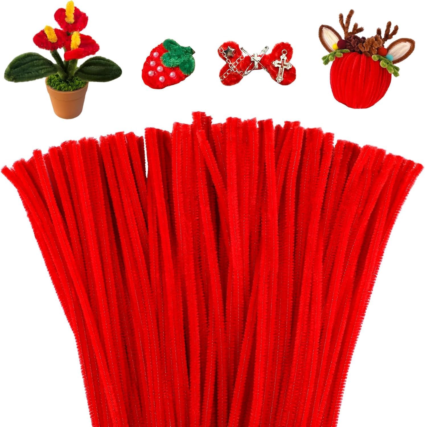 100Pc Pipe Cleaners Craft Set | Chenille Stem Fuzzy Sticks DIY Craft Supplies for Art Projects Activities, Decorations, Flower Making, Modeling & Sculpting (Red)-picture-19