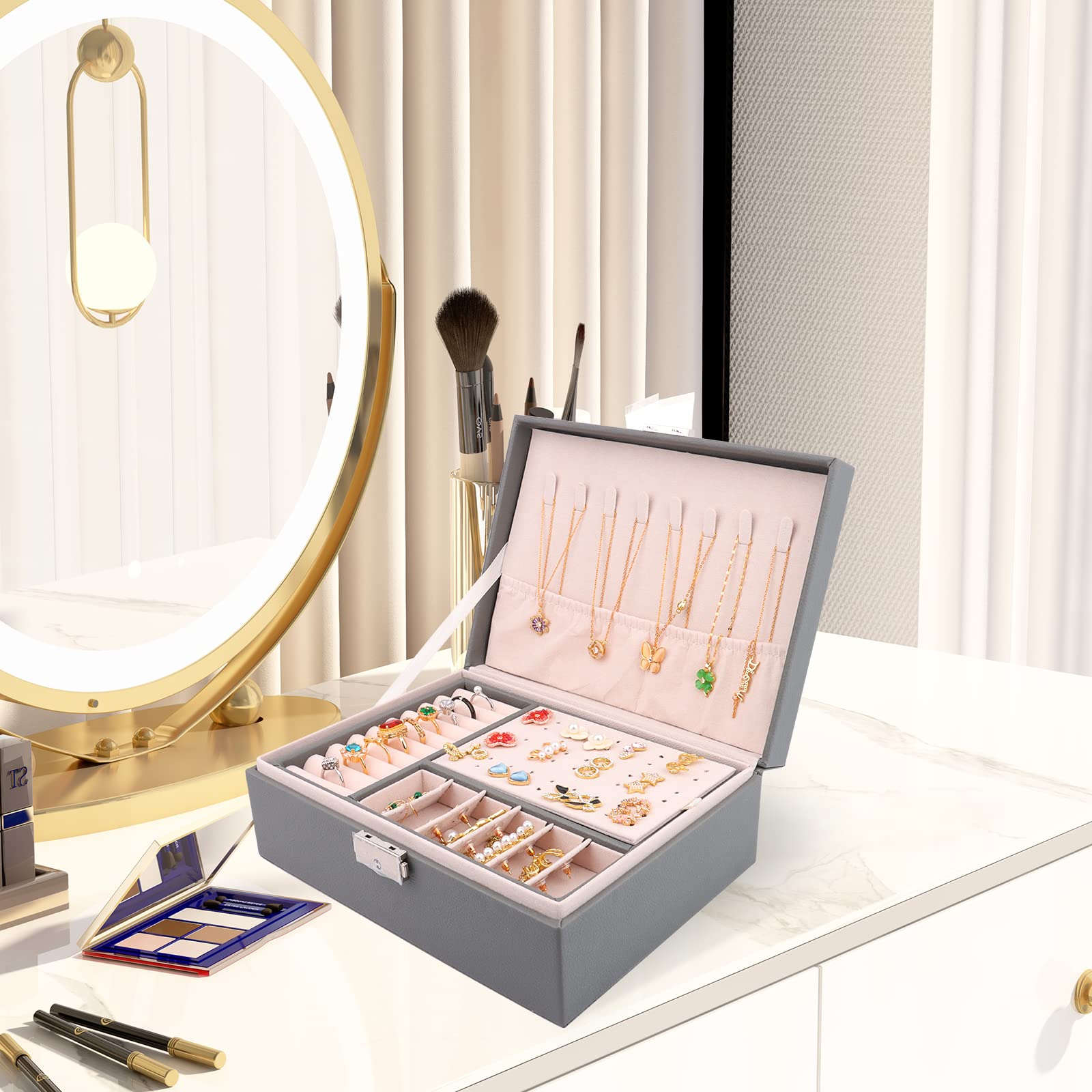 Portagioie Da Viaggio In Pelle PU Con Specchio - Organizer Per Orecchini, Anelli E Collane, Doppio Strato, Compatto E Elegante - Foto 3