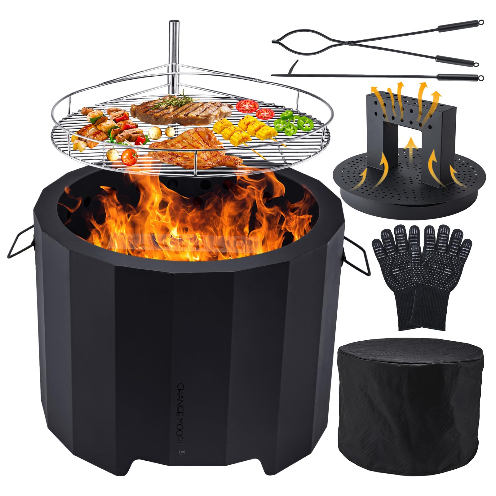 CHANGEMOORE Smokeless Fire Pit, 19.6'' Triple Burn Outdoor Firepit Stove with Removable Ash Collector, Fire Pit with Scald-proof Gloves, Wood Burning Fireplace Bonfire for Patio Camping