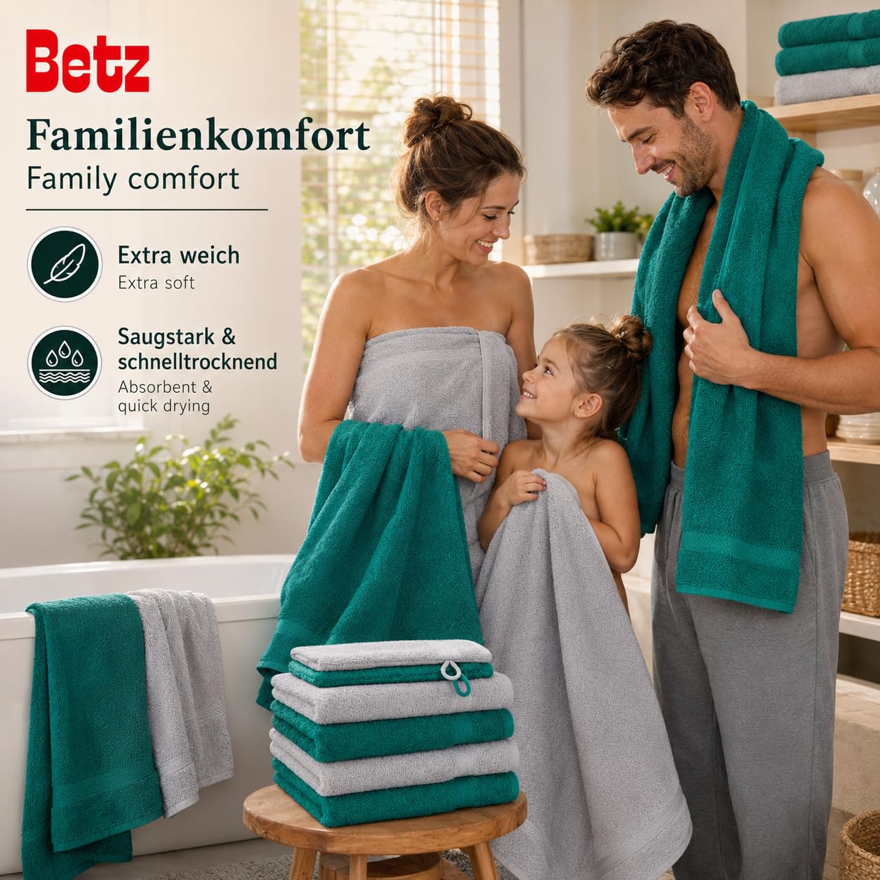 Betz 10-częściowy zestaw ręczników premium 100% bawełna 2 ręczniki kąpielowe 4 ręczniki do rąk 2 ręczniki dla gości 2 rękawice do mycia kolor szmaragd zielony i srebrny szary