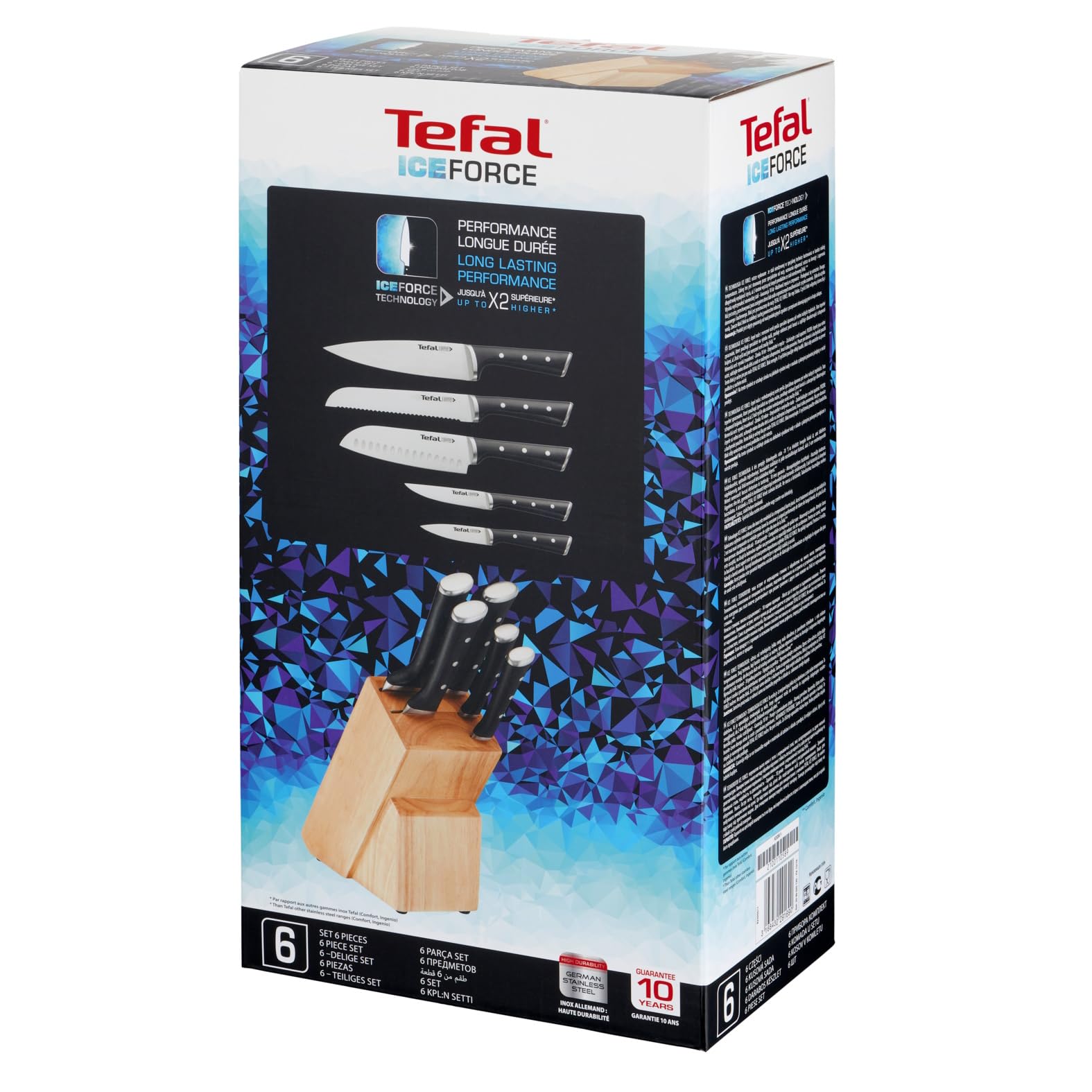 Tefal Ice Force Messerblock aus Holz, 5 Messer, Brotmesser 20 cm, Chefmesser, Santokumesser 18 cm, Gemüsemesser 11 cm, Tranchiermesser 9 cm, Edelstahl, braun/schwarz, K232S5