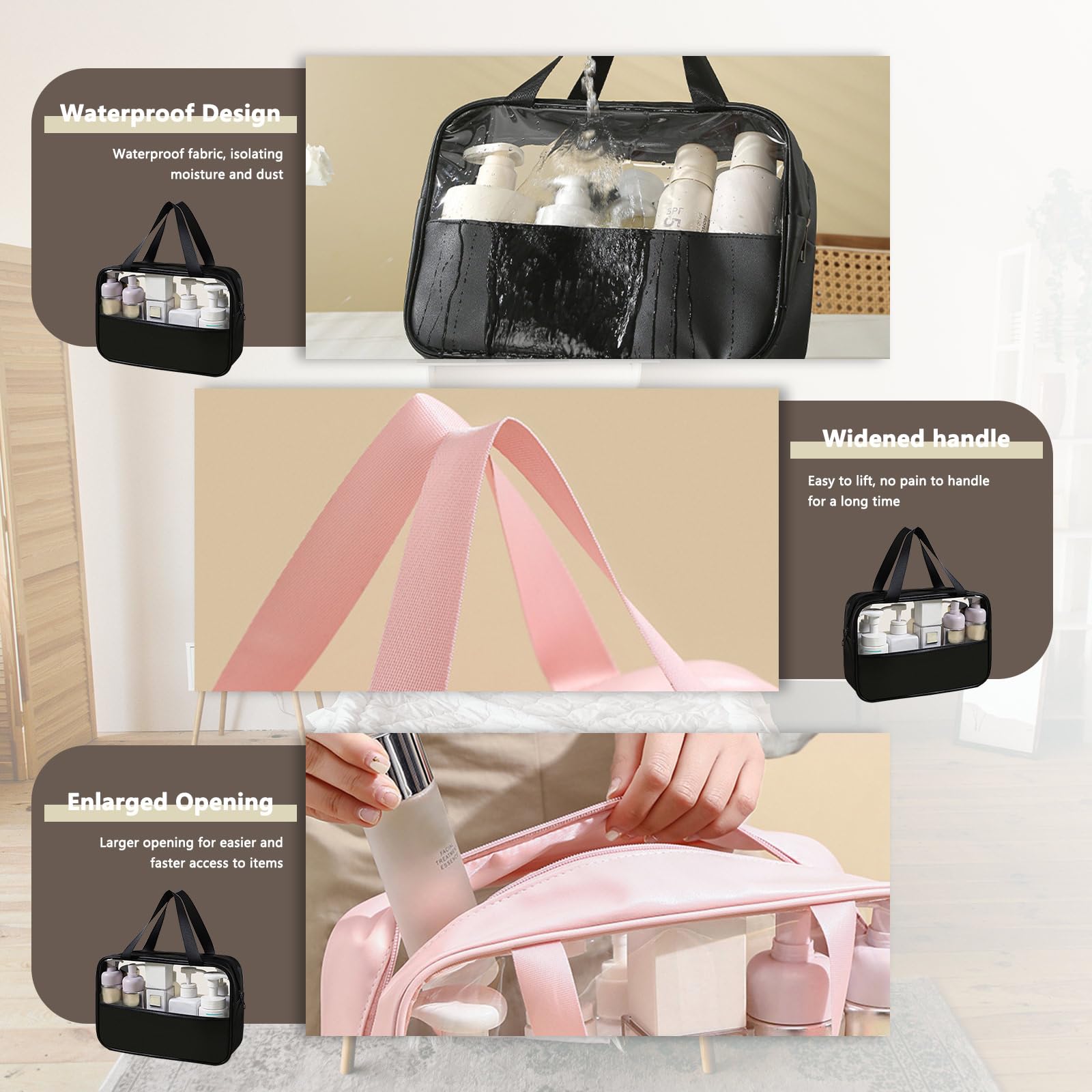 Bolsas de aseo grandes transparentes para viajes, 4 bolsas de viaje transparentes impermeables para artículos de tocador, mujeres y hombres, juego de neceser de viaje, bolsa de cosméticos de