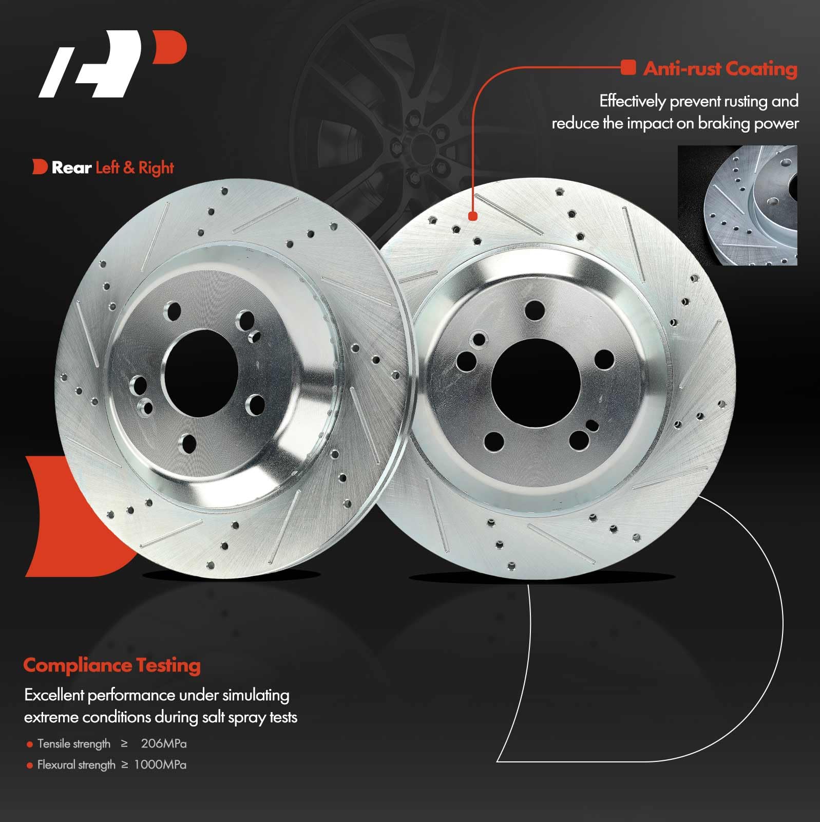 A-Premium 12.60 inch (320mm) Rear Drilled and Slotted Disc Brake Rotors + Ceramic Pads Kit Compatible with Select Mercedes-Benz Models - C43 AMG, C450 AMG, GLC43 AMG, 6-PC Set