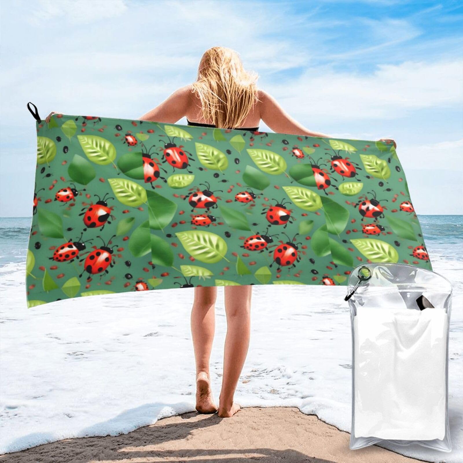 Jiuty White Leaves And Ladybugs Print Fast Dry Beach Towel Portable For Swimming Travel Gym Hiking Gift