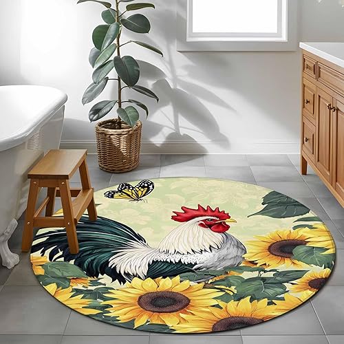 Miniatura 4 de 3.3ft Round Rug, Sunflower Rooster Non-Skid Rubber Backing Large Area Rugs - Living Room Bedroom Home Office, Retro Watercolor Summer Floral Indoor