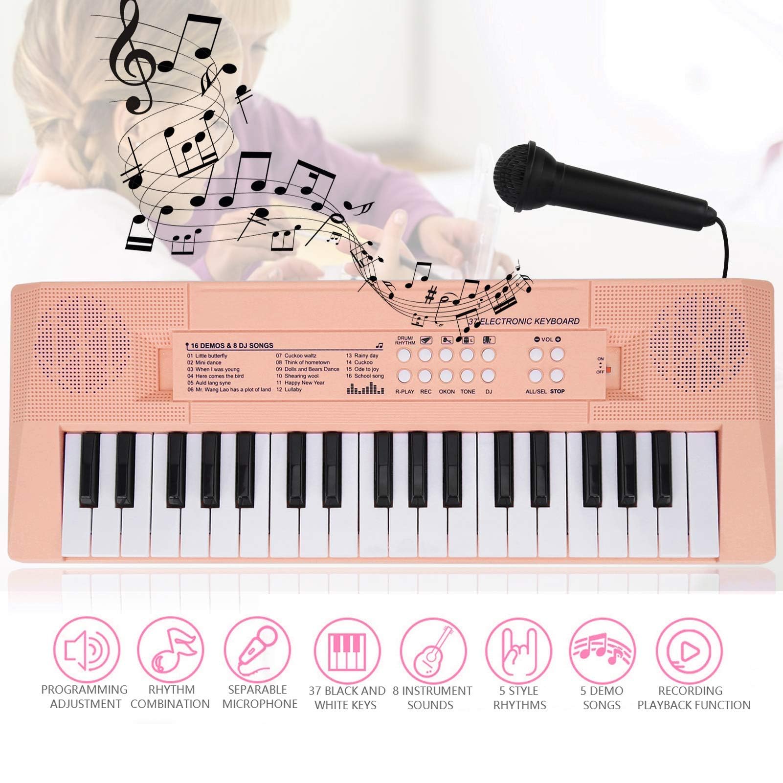 BF ‑ 3738 Musical Electric Keyboard Piano z 37 klawiszami, instrument edukacyjny do nauki klawiatury z regulowaną głośnością muzyki dla początkujących(różowy)