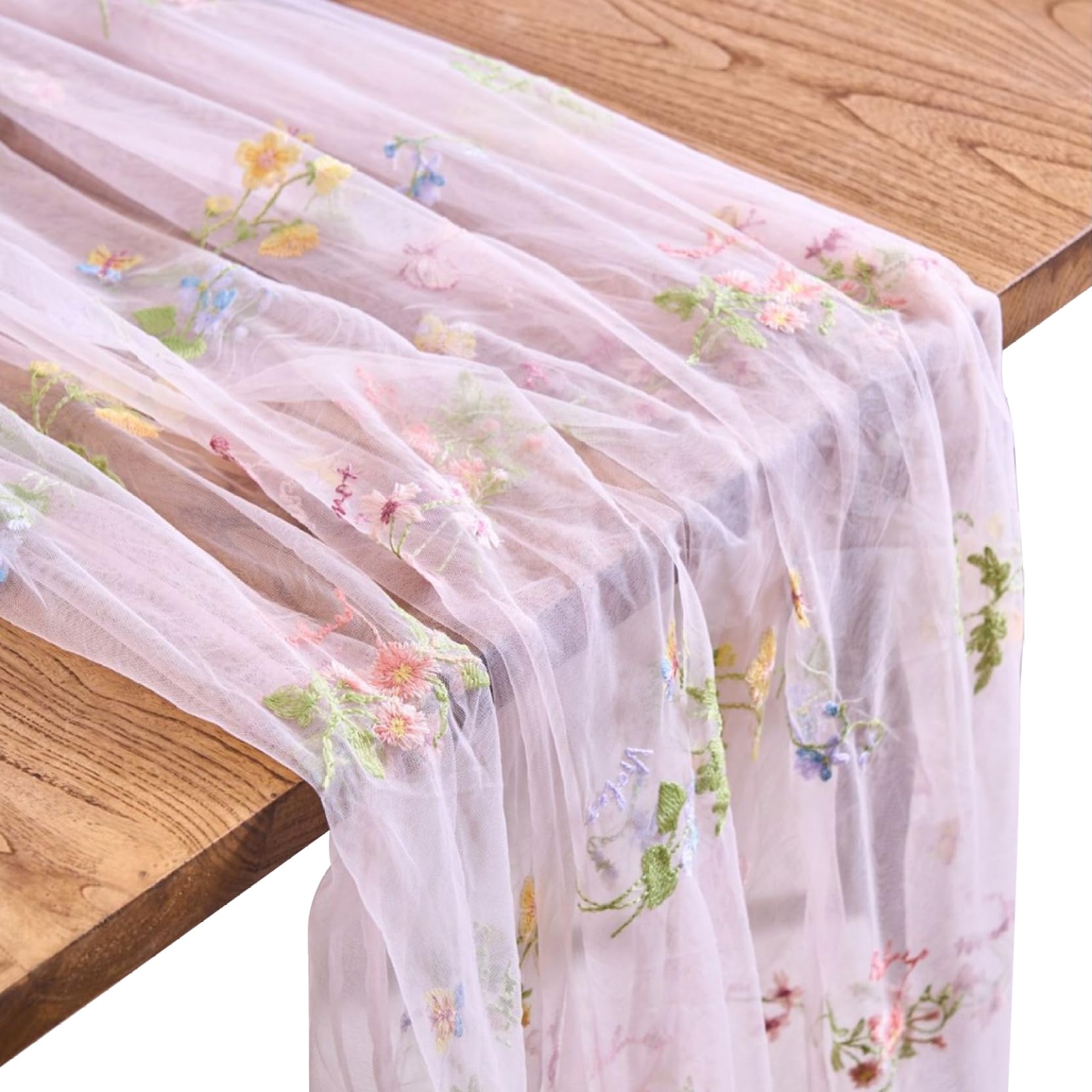 Chemin de table brodé fleurs et papillons colorés en dentelle style bohème