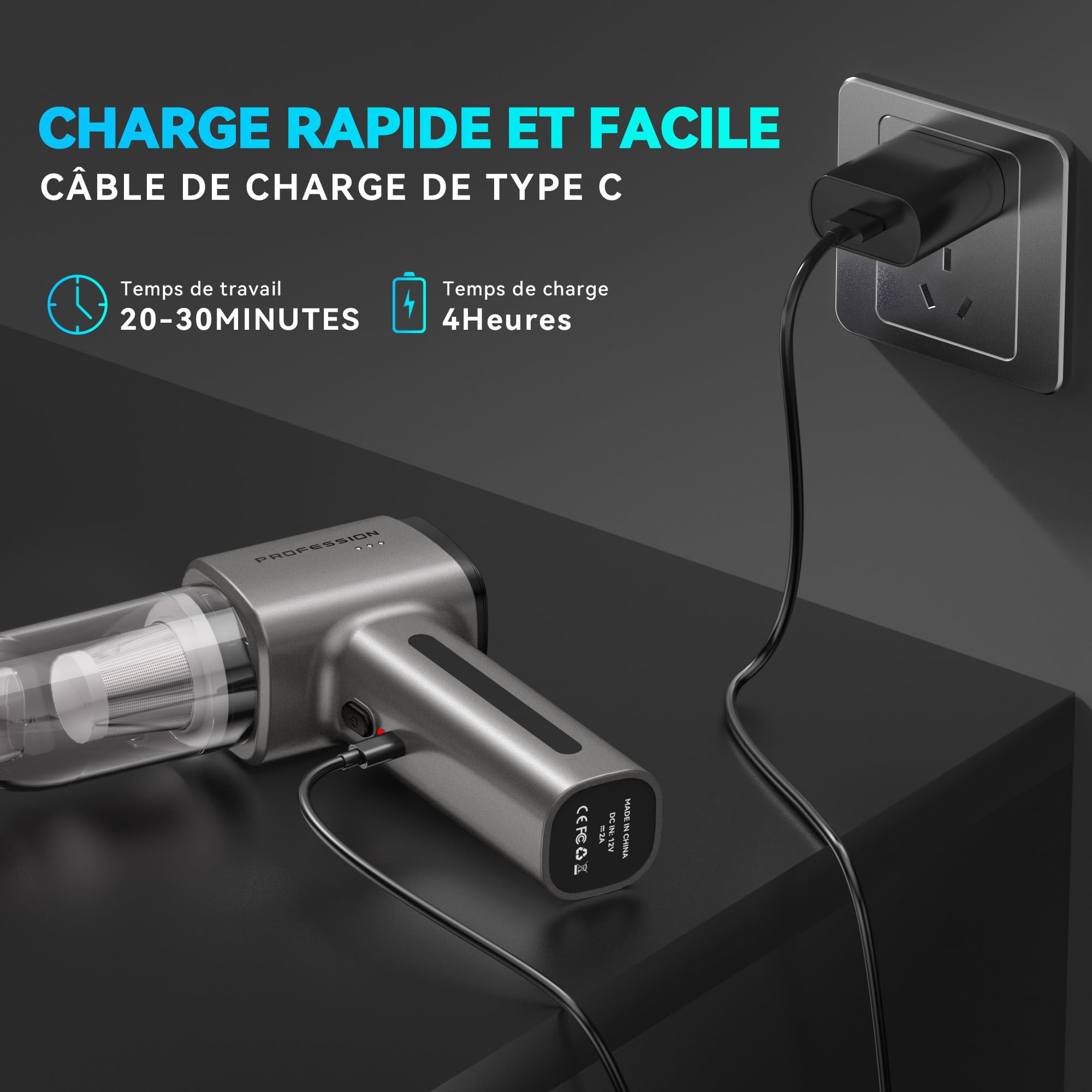Aspirateur Voiture Puissant sans Fil 28000Pa Aspirateur à Main Rechargeable Portable USB-C Maison Auto Bureau (Gris Foncé)