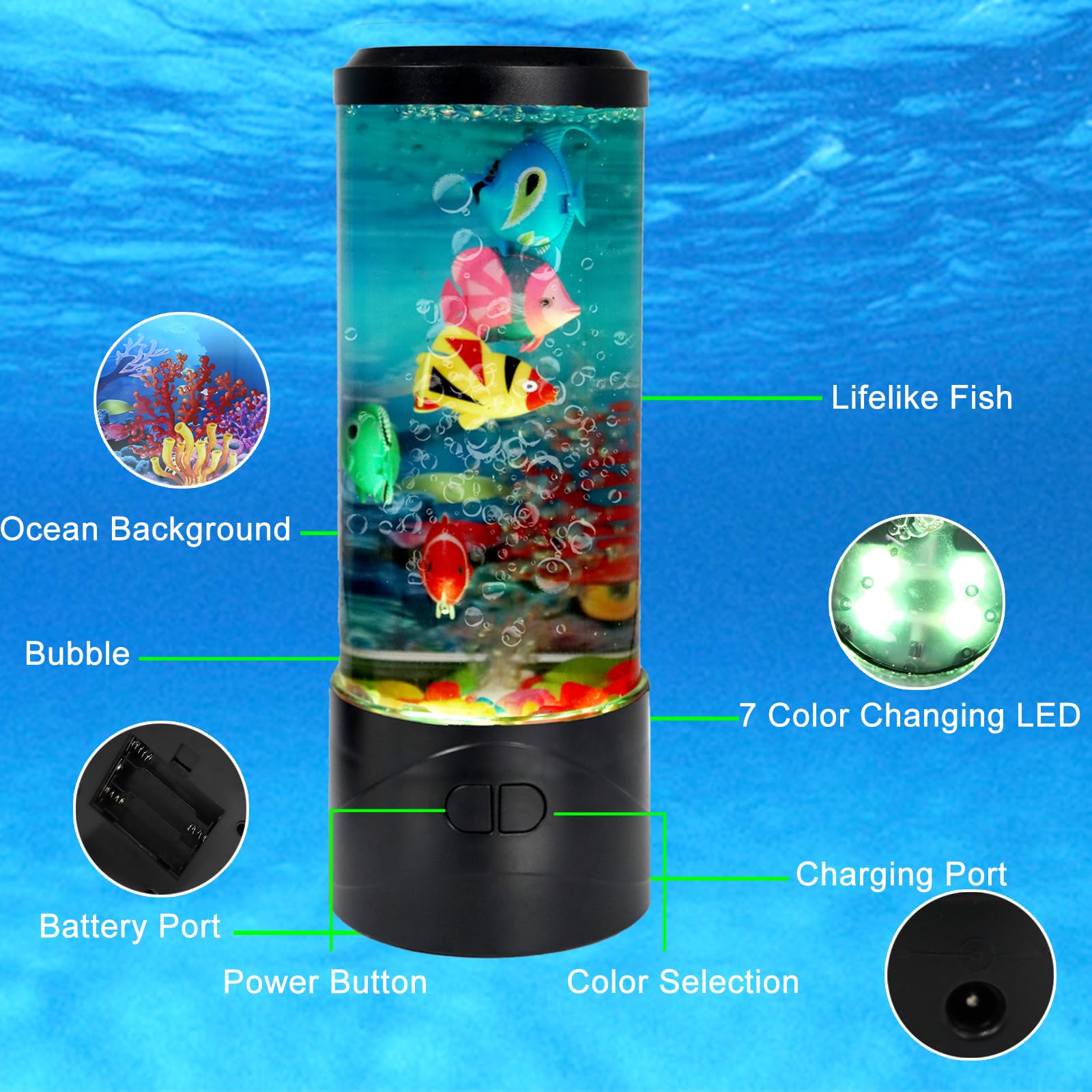 Toycol Lampada per acquario sensoriale a forma di pesce finto a bolle