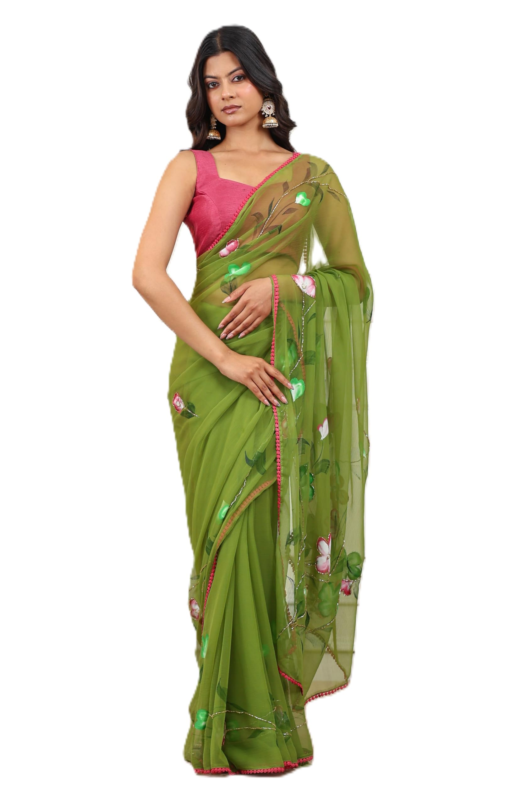 Women's Hand Painted Chiffon Saree, Green with Floral Print, Pink Border-image-39