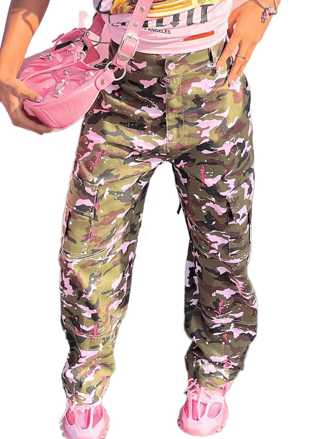 Womens Camo Cargo Pants Oversized Baggy Straight Wide Leg Camouflage Joggers Sweatpants Army Fatigue Trousers