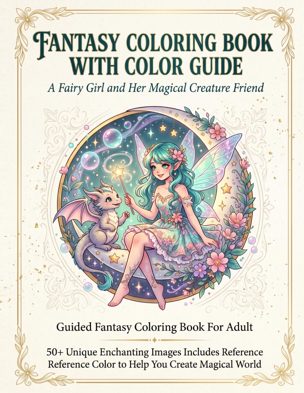 FANTASY COLORING BOOK WITH COLOR GUIDE: A Fairy Girl and Her Magical Creature Friend