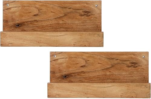 Miniatura 6 de MyGift Estantes de almacenamiento de discos de vinilo de madera de acacia natural de alta calidad montados en la pared, soporte para discos LP,