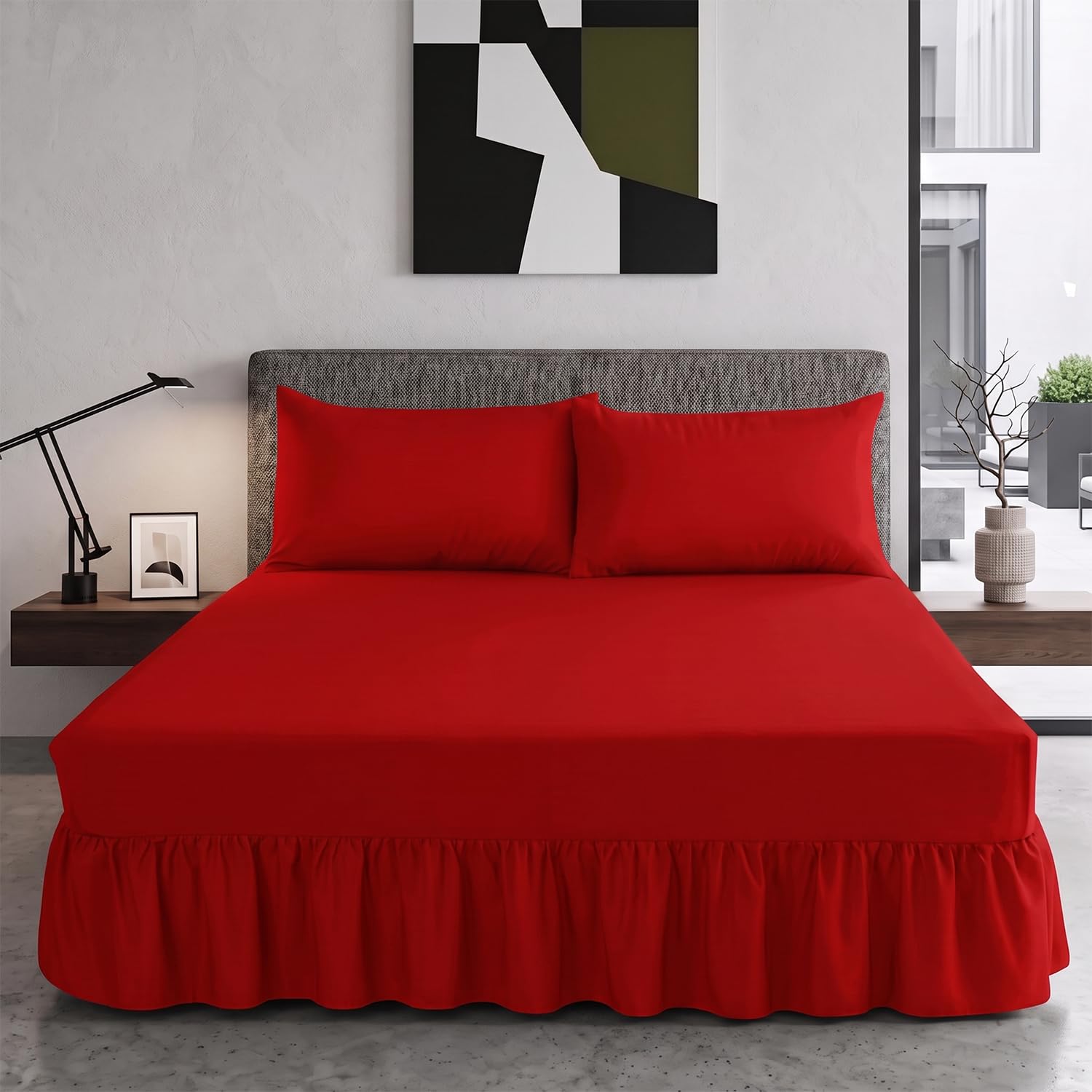 Trendy Relam Extra Deep Frilled Valance Sheet 40cm - Soft Brushed Polycotton, Non Iron Easy Wrap Elastic Sheet (Single, Red)
