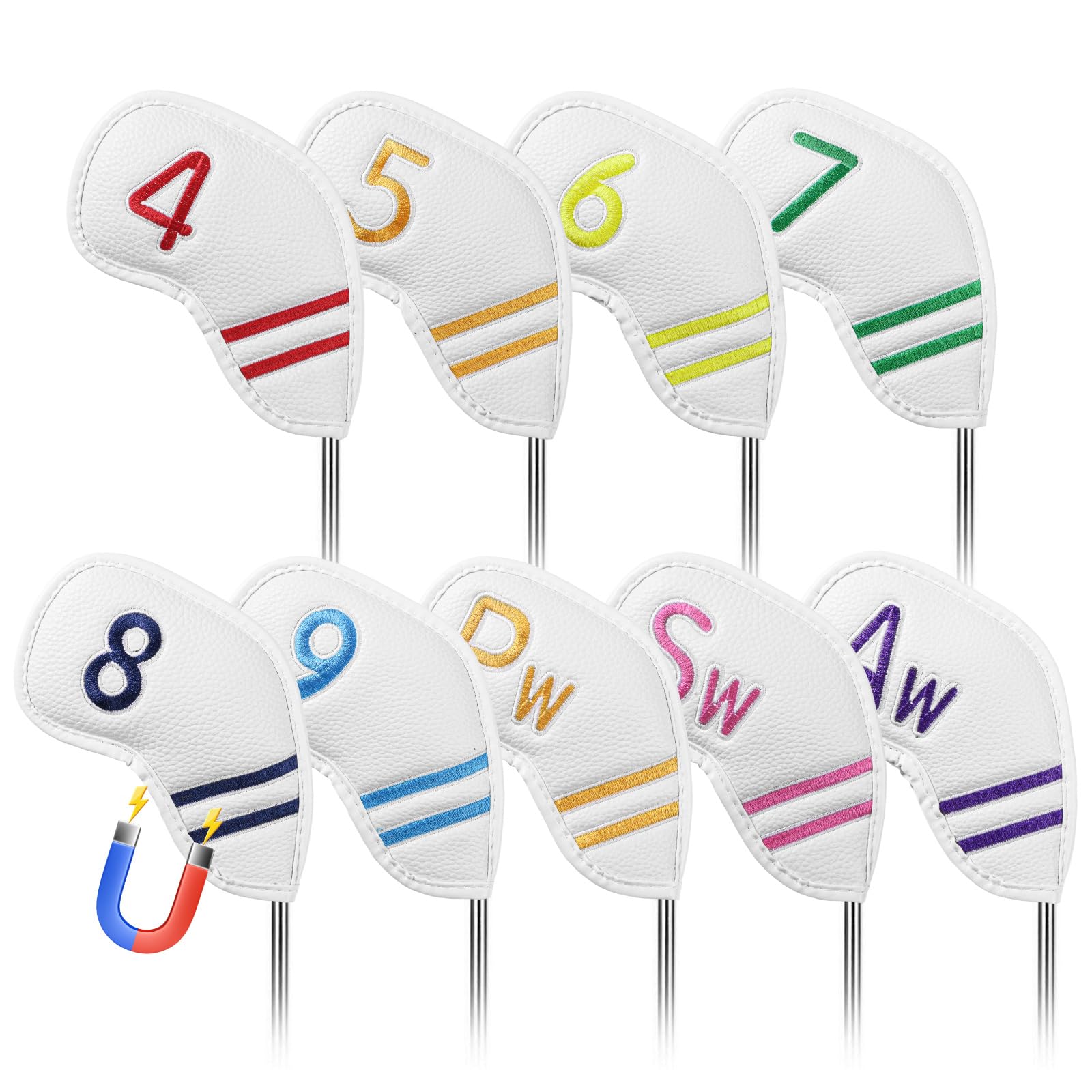 FINGER TEN Magnetic Golf Club Headcovers Value 9 Pack for Iron & Wedge, Premium PU Leather with Double-Sided Colorful Embroidery Number Label, Covers with Enhanced Shaft Protection for Golfers (White)