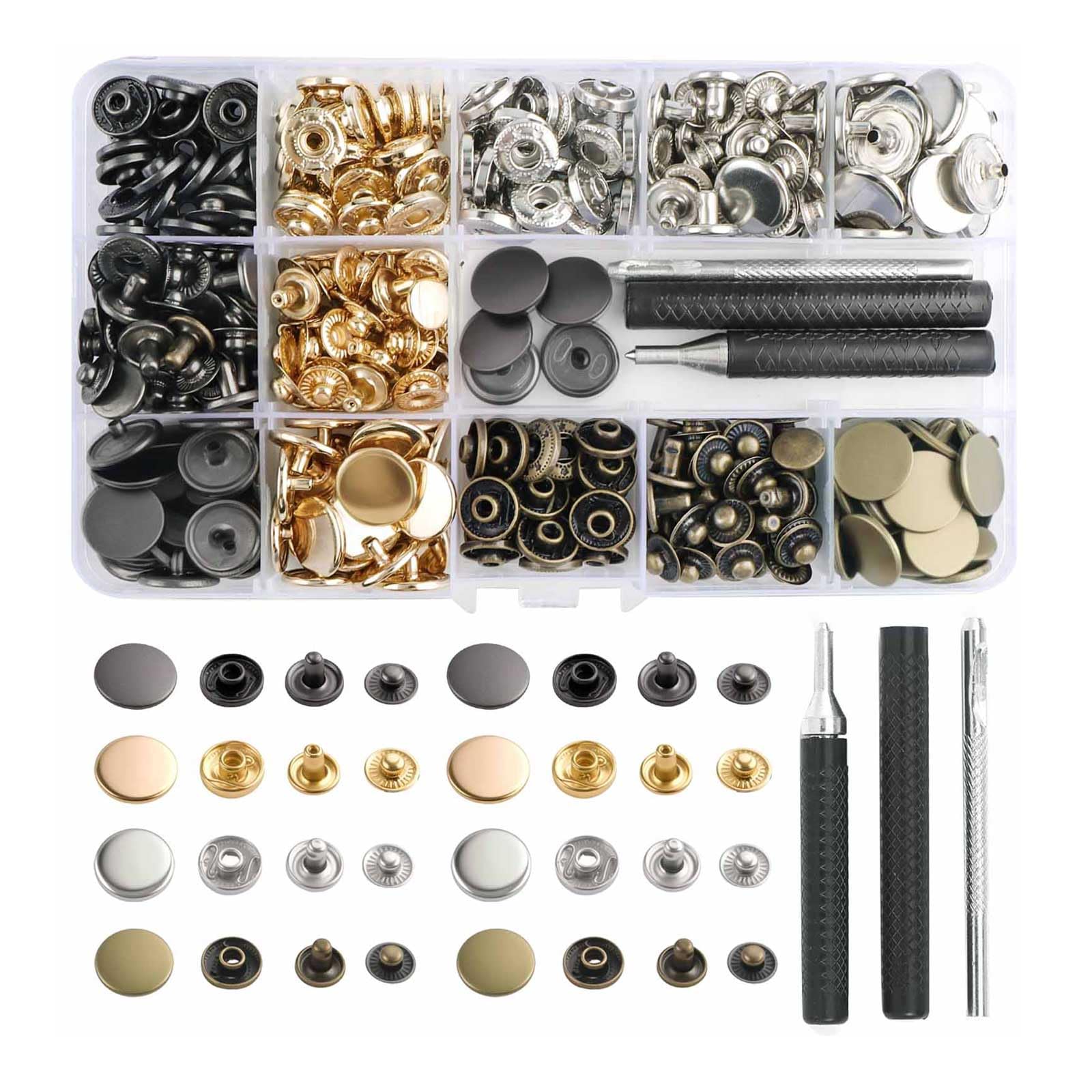 ComPDCVD 100Set Metal Snap Fasteners 15mm Snap Buttons Leather Rivets 4 Colors Automatic Buttons Metal Snap Button Tool Kit for Clothes Jeans Bags Leather DIY Crafts