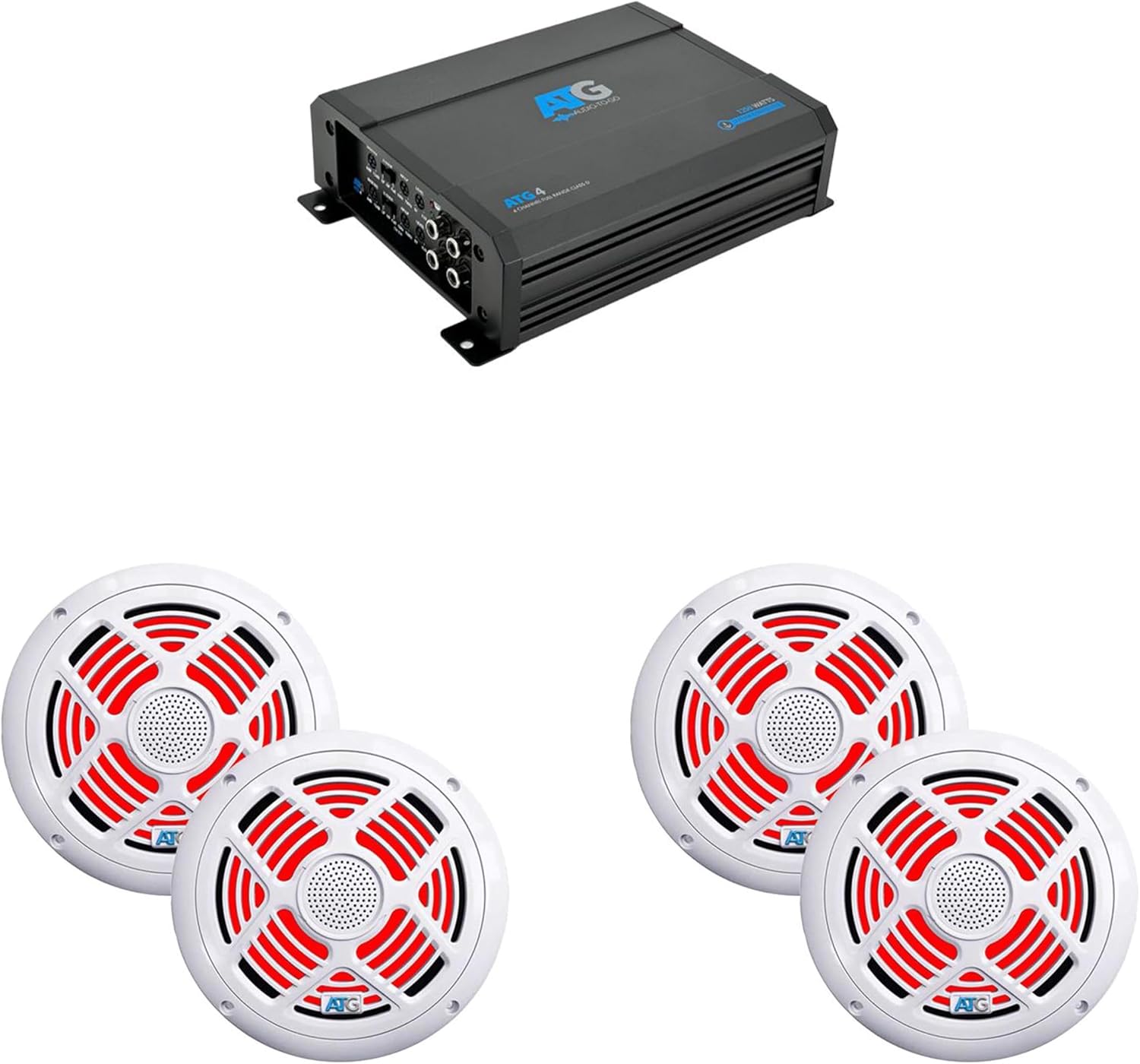 ATG 1000 Watt RMS Full Range Compact Marine 4 Channel Amplifier with (2) Pair 8" RGB White Marine Speakers