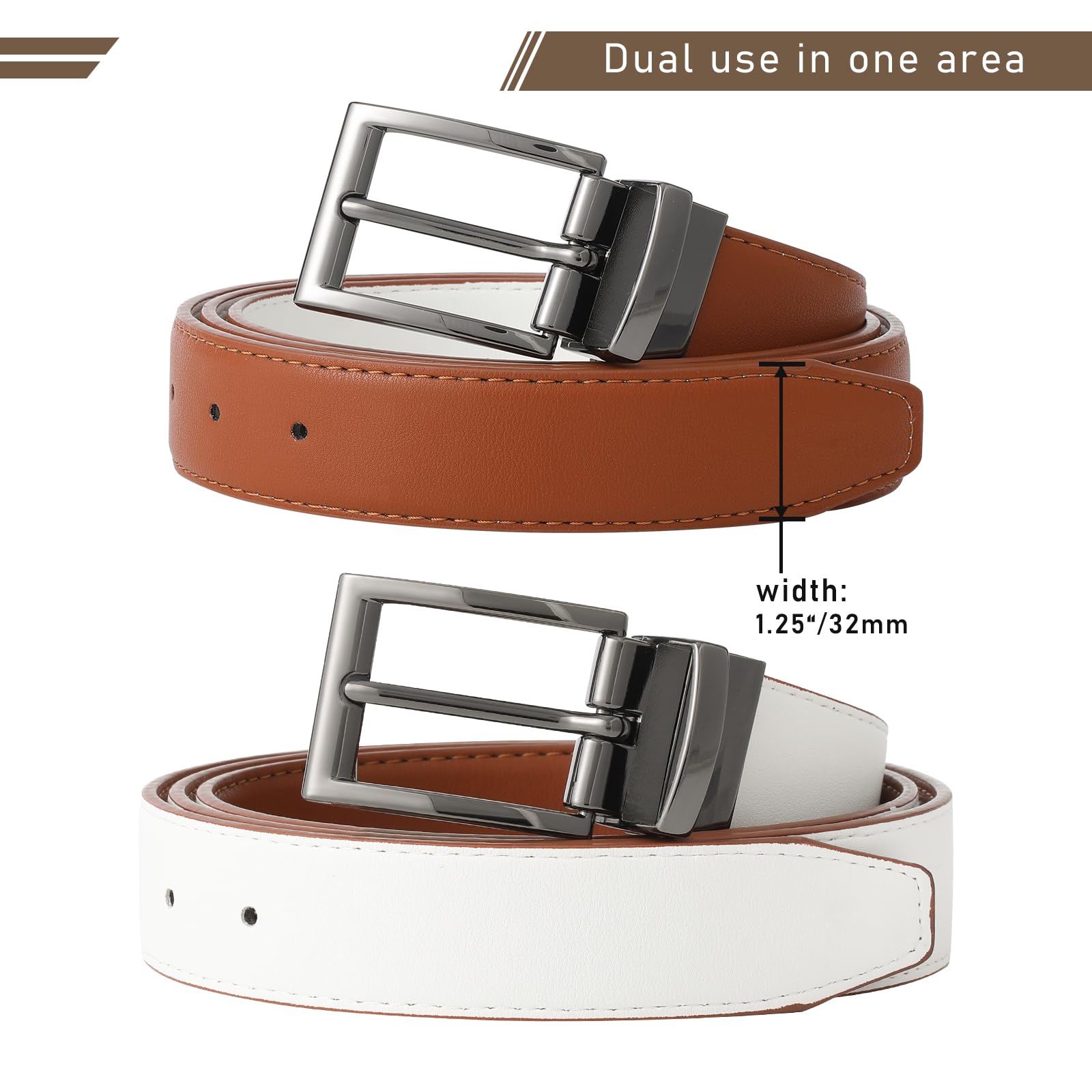 AWAYTR Reversible Leather Belt for Women - Two Color-in-One Belt for Women Men Belt with Rotated Buckle for Jeans Dress(White/Brown with Gun Color Buckle 39in(100cm))