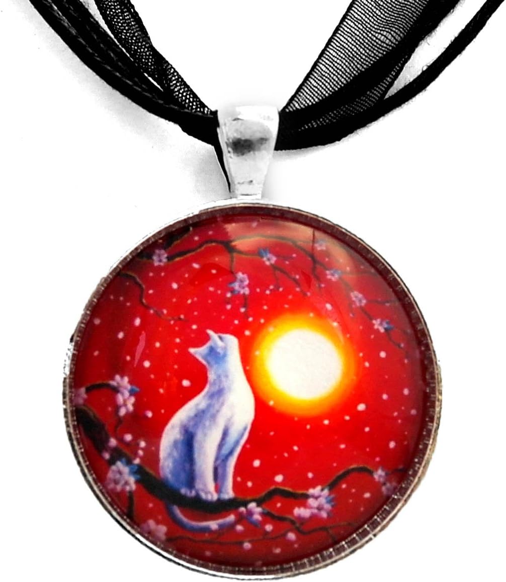 Laura Milnor Iverson White Cat Necklace Red Sunset Zen Handmade Art Pendant Sakura Cherry Blossoms