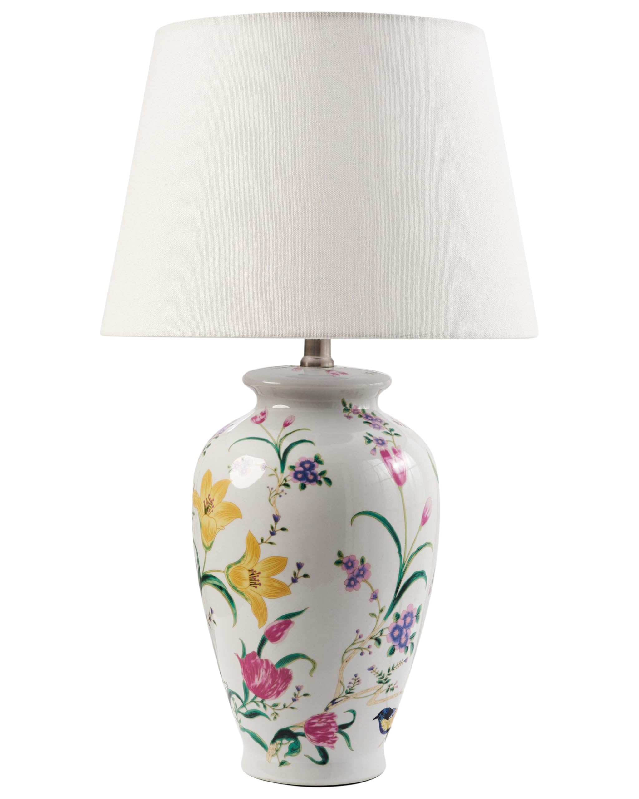Stylish Table Lamp with a Floral Patten Porcelain Base Linen Drum Shade Lighting White Acrosso