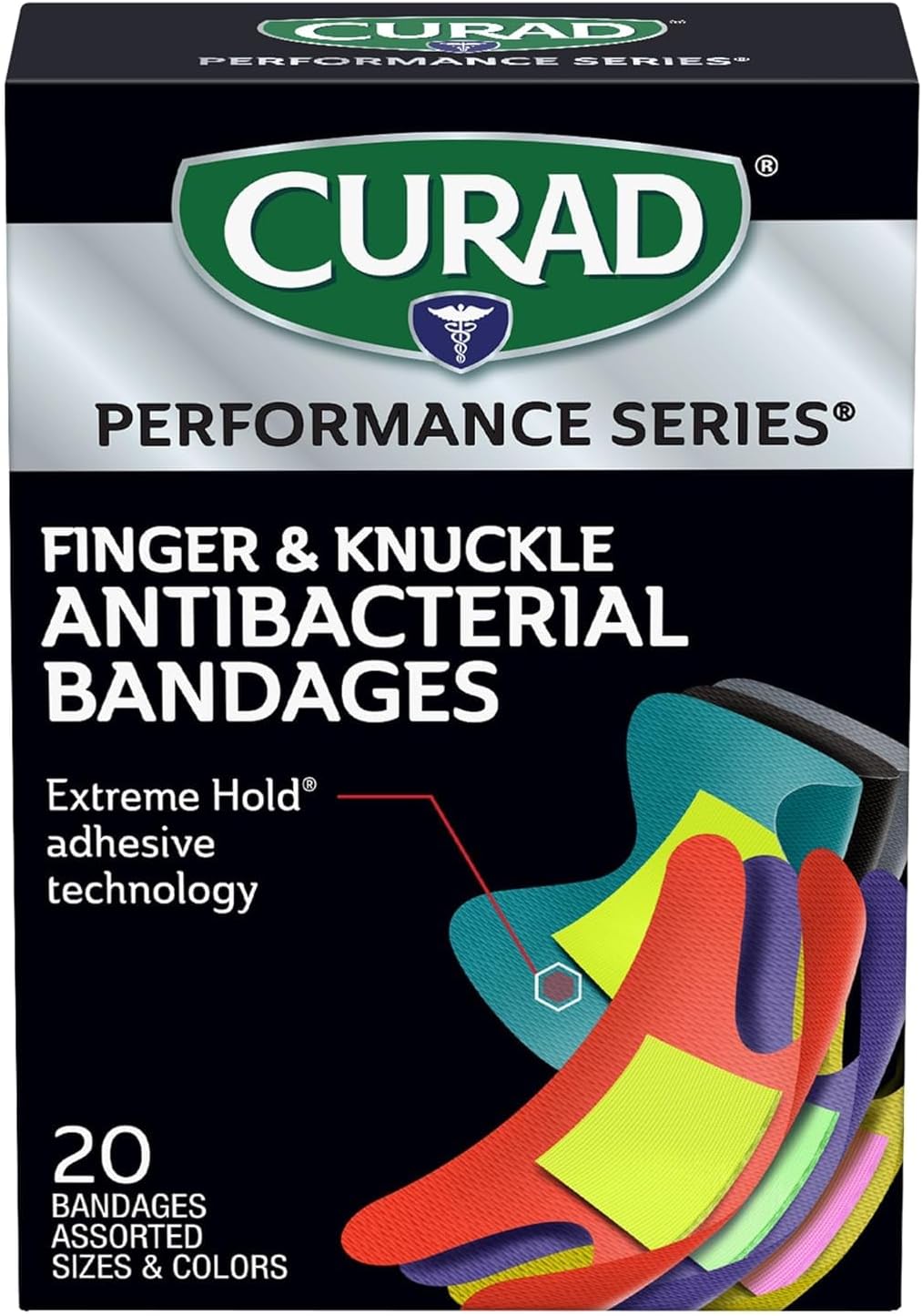 Curad Performance Series Fingertip and Knuckle Antibacterial Bandages, Extreme Hold Adhesive Technology, Fabric Bandages, 20 Count