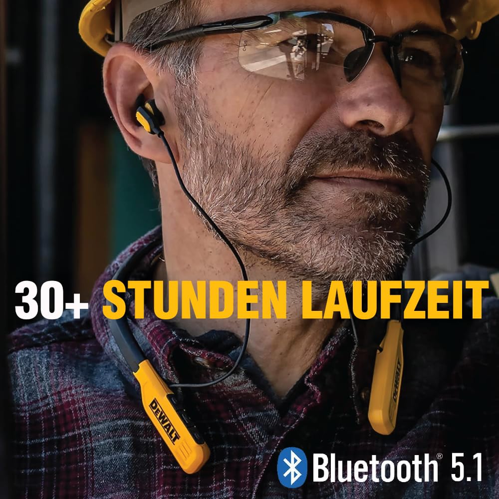 DEWALT Heavy-Duty Magnetische Bluetooth Nackenbügel-Kopfhörer – Kabellose Earbuds mit 30 Std. Laufzeit, Geräuschisolierung, Freisprech-Mikrofon (Gelb)
