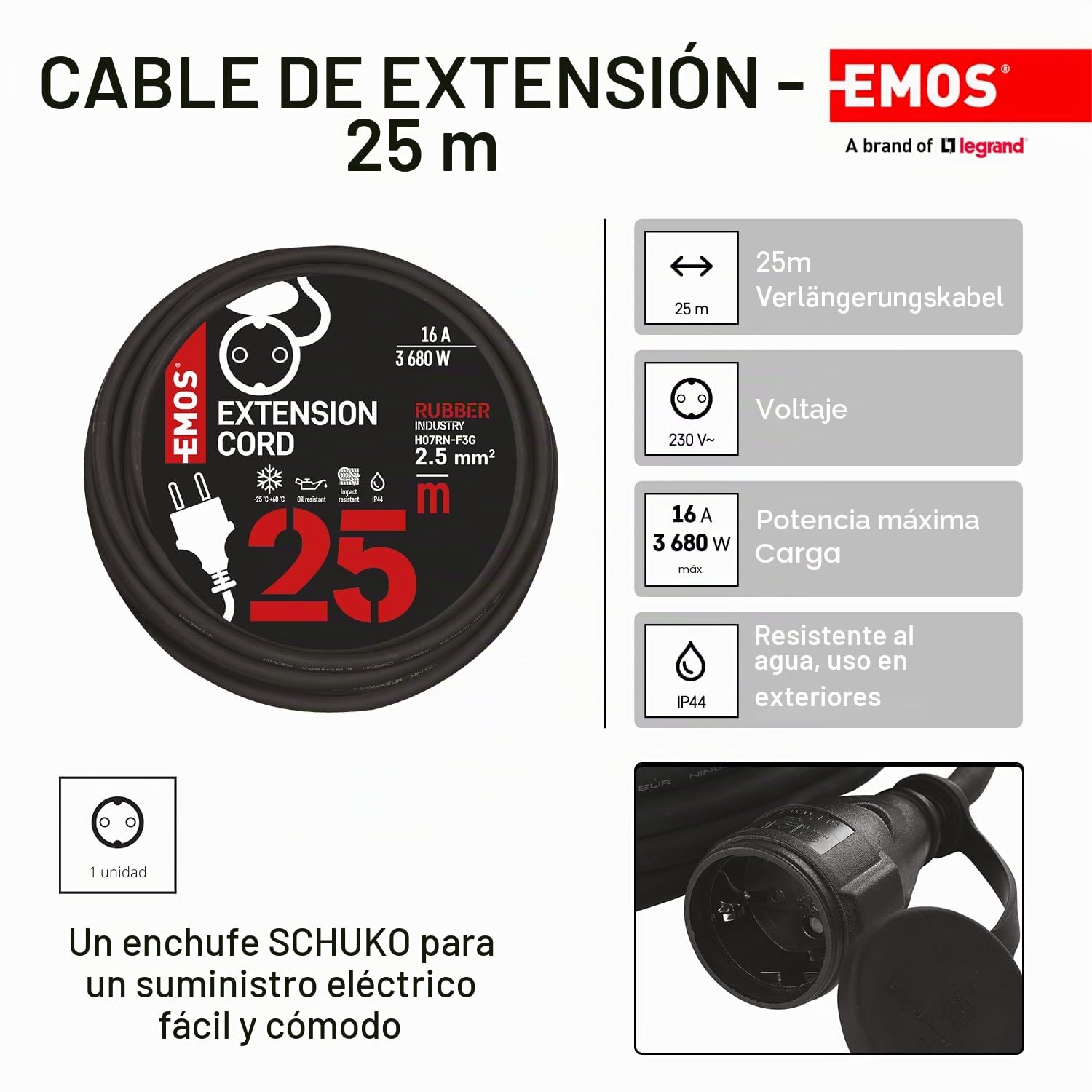 EMOS Cable alargador Schuko de 25 m, Cable de extensión de Goma para Exteriores (IP44), H07RN-F3G 2,5 mm2