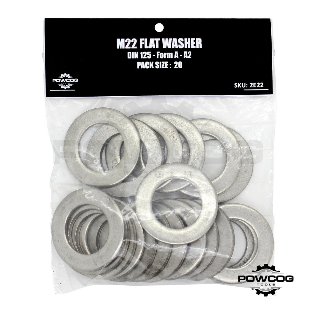 Powcog M22 Flat Washer - A2 Stainless Steel Thick Grade 304 Metric Grade - Form A Din 125 - By Powcog® - Pack Of 20