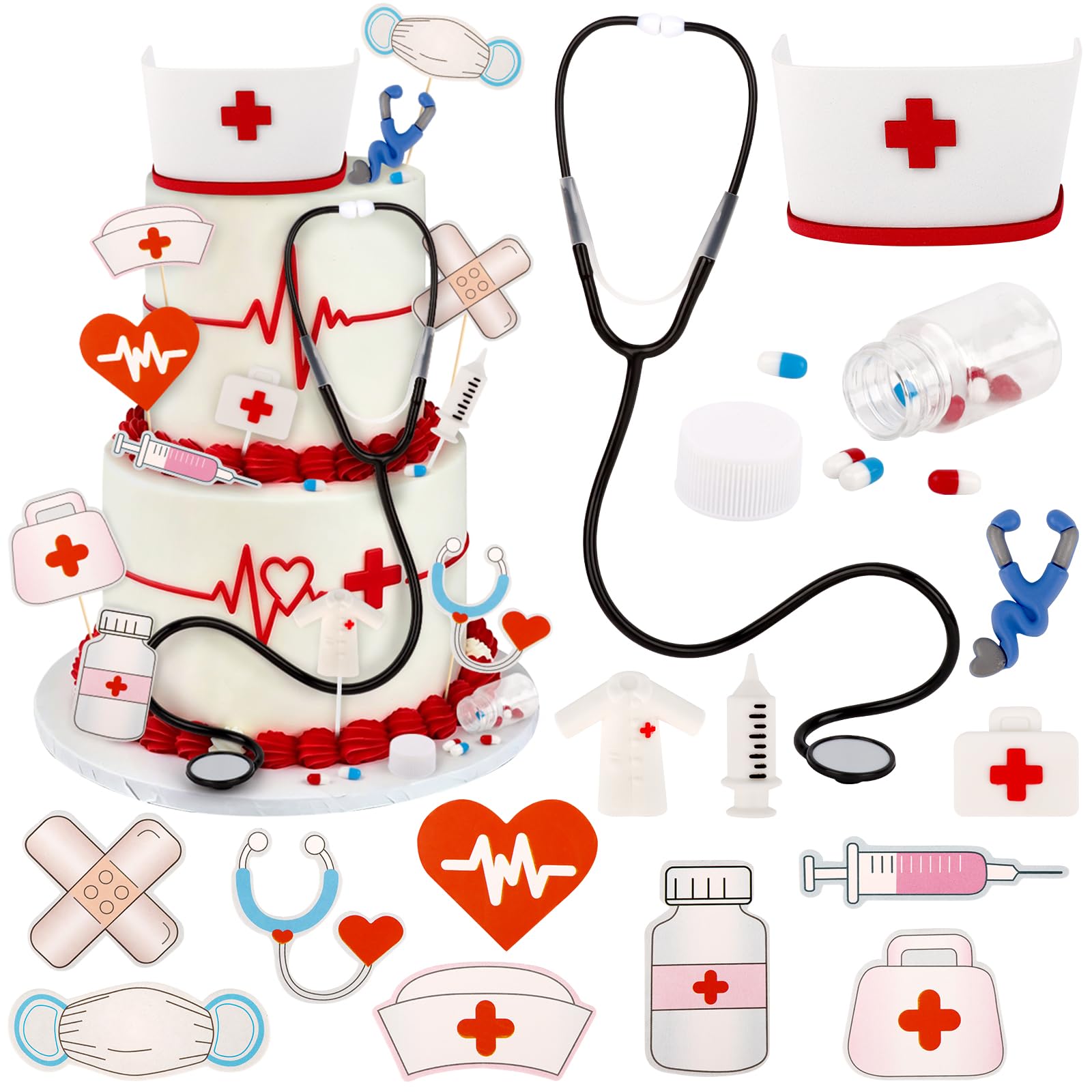 Hooqict 27Pcs Nurse Graduation Cake Decorations Set with Mini Cap, Medical Kit, Medicine, Nurse Cake Toppers & Cupcake Toppers for Medical Birthday Decorations Nursing Graduation Party Supplies — image 1