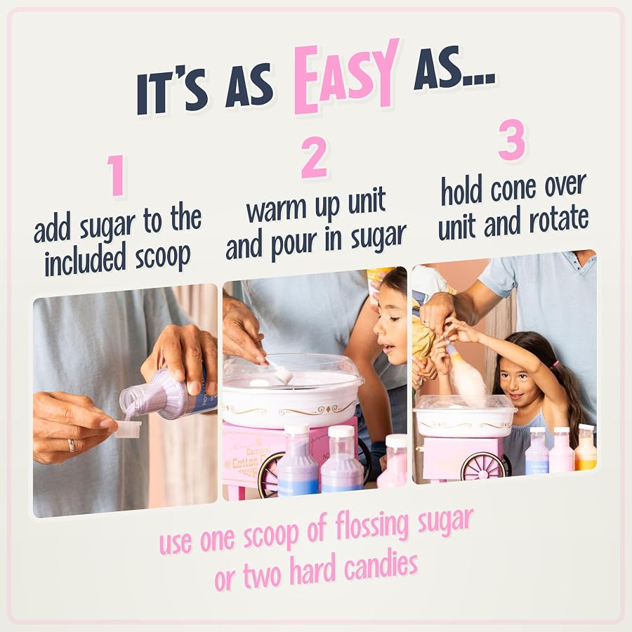 Nostalgia Vintage Cotton Candy Machine - Countertop Cotton Candy Maker With 2 Reusable Cones & 1 Sugar Scoop - Use Hard Candy or Sugar to Create Fluffy, Delicious Treats in Minutes-Pink - image 4