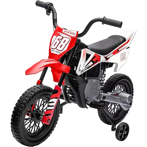 12V Kids Motorcycle w/Treaded Tires, 3.1mph Top Speed, Kids Motorcycle w/Training Wheels, Music, Bluetooth, Spring Suspension, Red