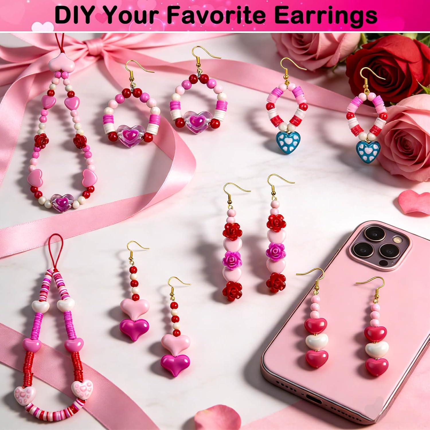 1650Pcs Valentine’s Day Beads for Bracelets Jewelry Making, Pink Red Clay Beading Kit Assorted Acrylic Heart Rose Flower Round Spacer Beads XOXO Love Heart Charms for DIY Necklace Earrings Phone Strap - Image 9