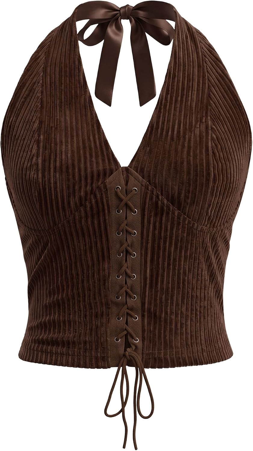 Women's Velvet Halter Top Corduroy Texture V Neck Backless Tie Front Bodycon Spaghetti Strap Country Concert Top