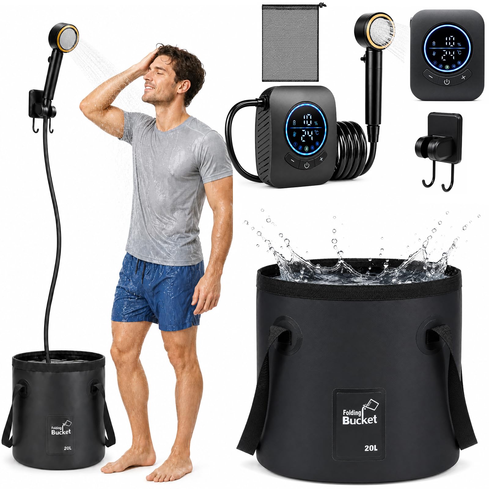 Doccia Da Campeggio con Secchio Pieghevole 20L, 8000mAh Doccia Ricaricabile Portatile Impermeabile IPX7 con Display Digitale Soffione Regolabile Doccia da Esterno per Spiaggia Animali Auto Giardino