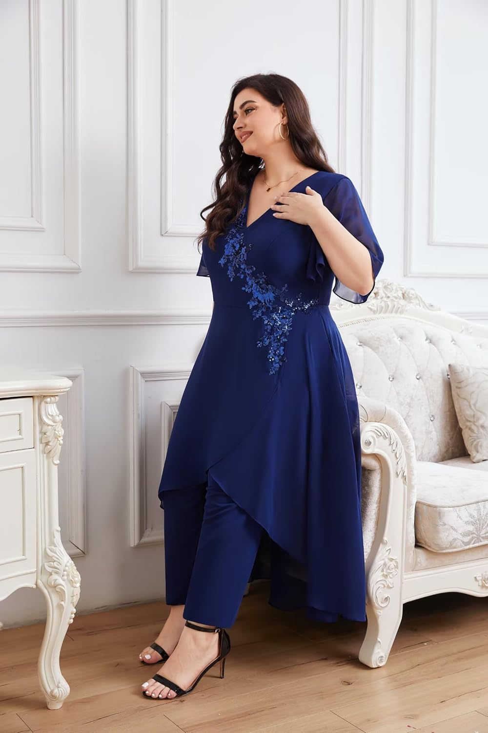 Mother of The Bride Pant Suits for Wedding Guest - Chiffon Lace V Neck Sequins Formal Prom Grandmother Pantsuit Outfits