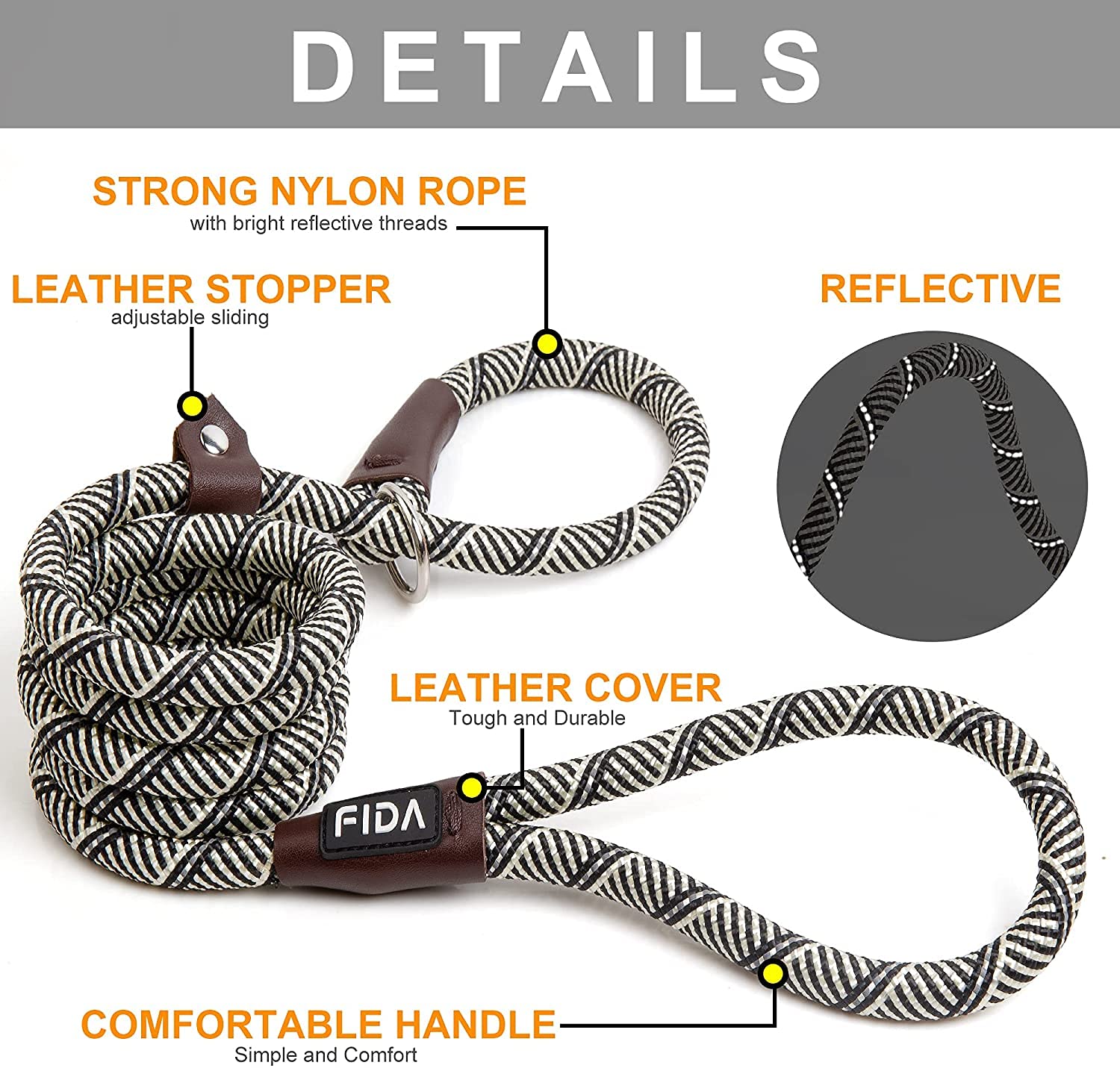 Fida Slip-On Rope Dog Lead, Grey, Small (1.0cm x 1.8m) - Image 2