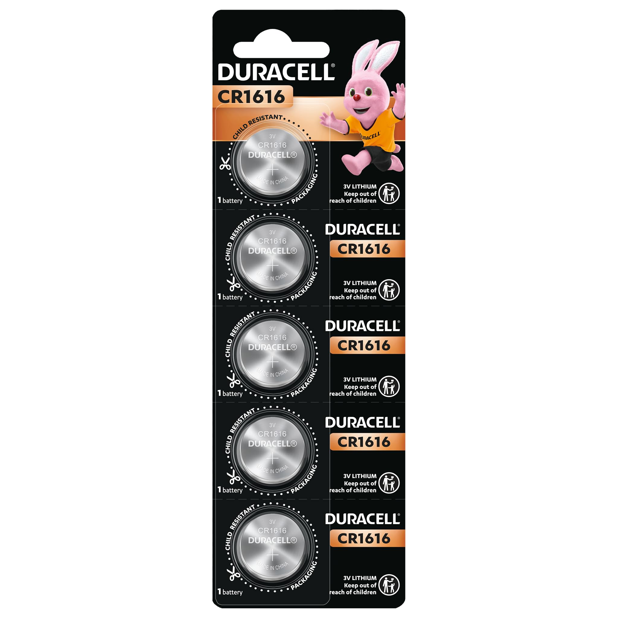 duracell specialty 1616 lithium coin battery 3v, pack of 5 designed for use in keyfobs, scales, wearables and medical devices