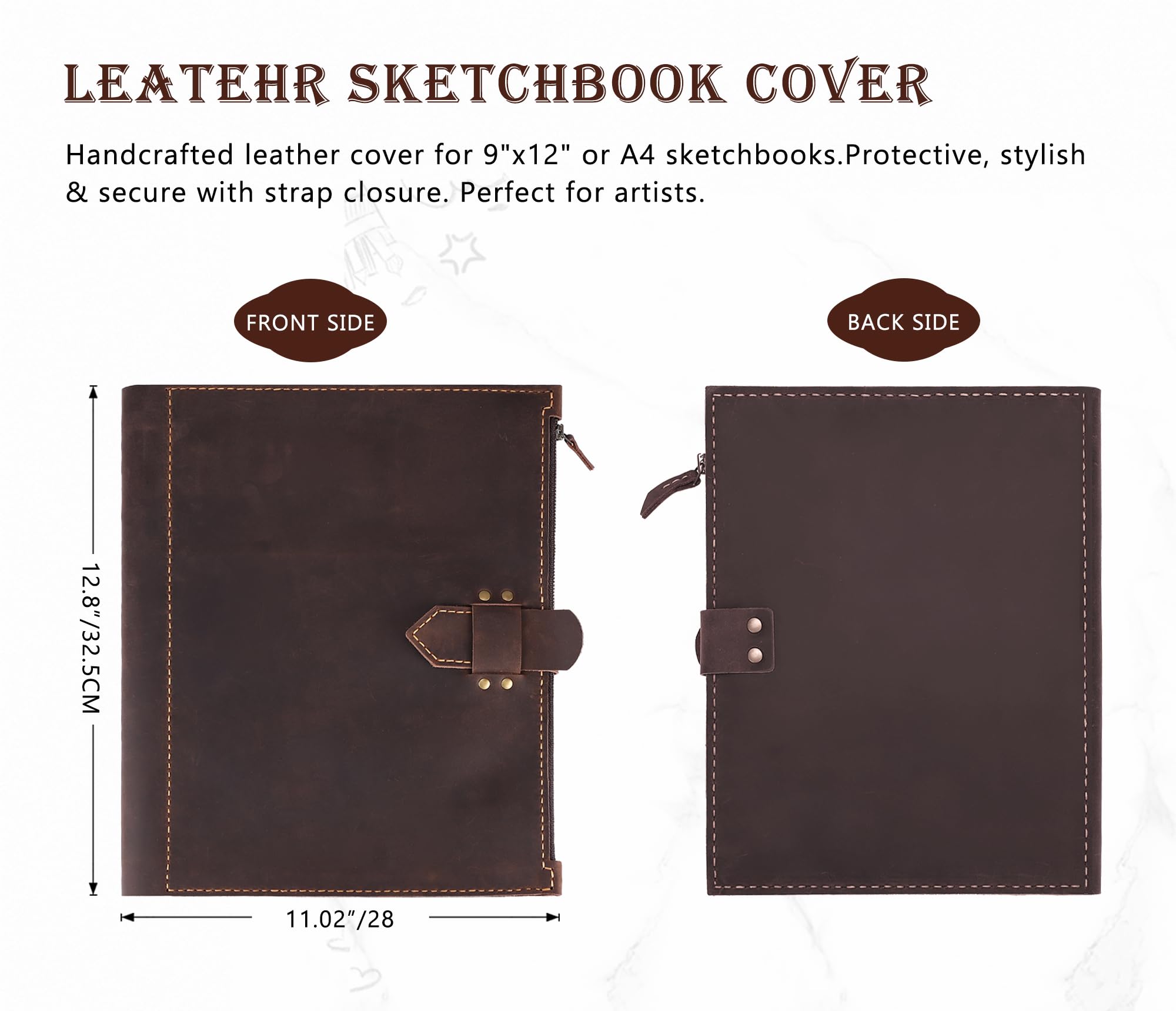Fasjosma Housse de carnet de croquis en cuir pour carnet de croquis A4/22,9 x 30,5 cm – Fait à la main en cuir véritable avec porte-crayon et poche zippée, fournitures de dessin professionnels (marron
